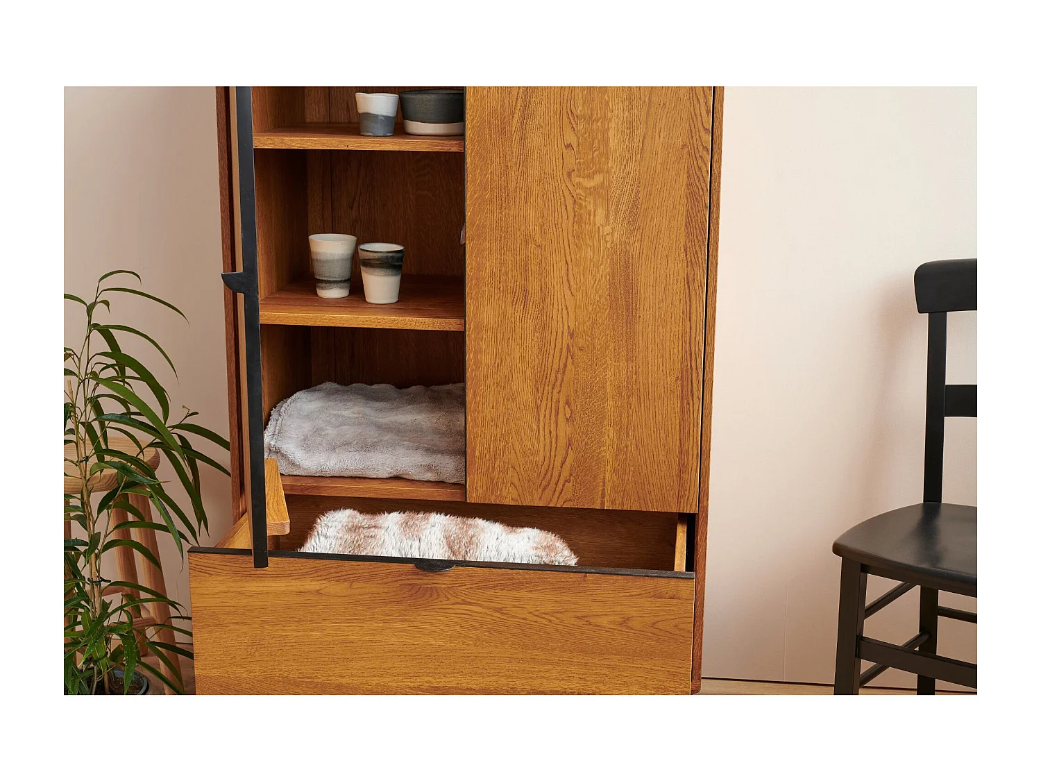 Buffet haut rétro en bois 2 portes 1 tiroir L80 H140 noir - MALLET