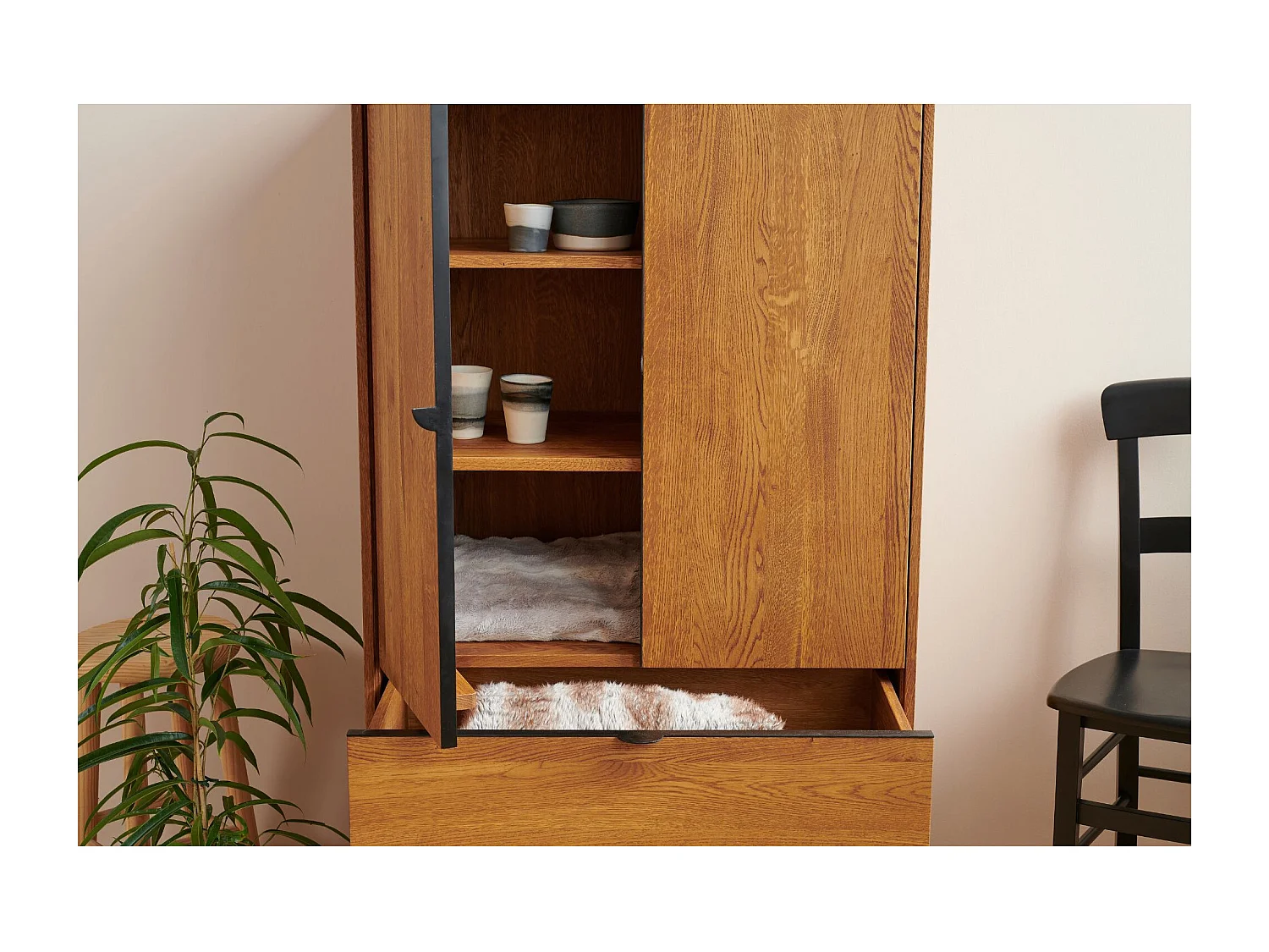 Buffet haut rétro en bois 2 portes 1 tiroir L80 H140 noir - MALLET