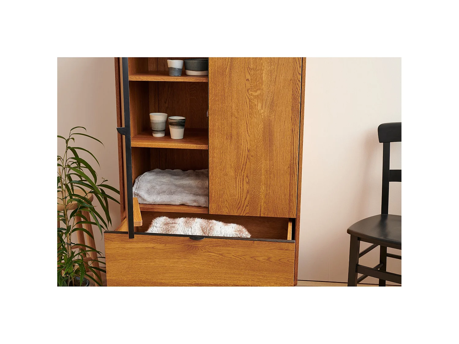 Buffet haut rétro en bois 2 portes 1 tiroir L80 H140 noir - MALLET