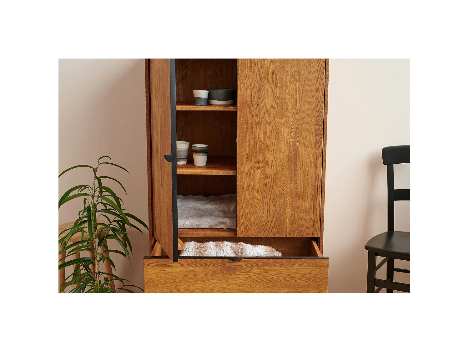 Buffet haut rétro en bois 2 portes 1 tiroir L80 H140 noir - MALLET