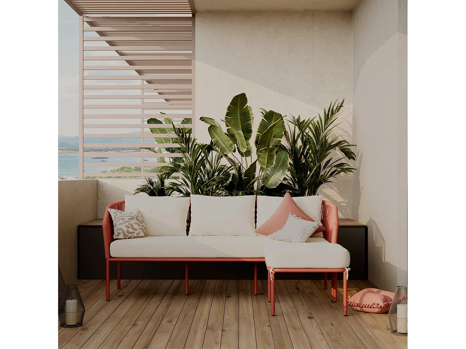 Canapé d'angle de jardin 3 places terracotta et blanc cassé - Pia