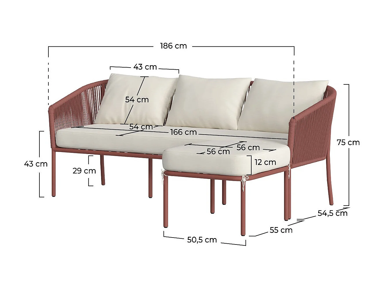 Canapé d'angle de jardin 3 places terracotta et blanc cassé - Pia