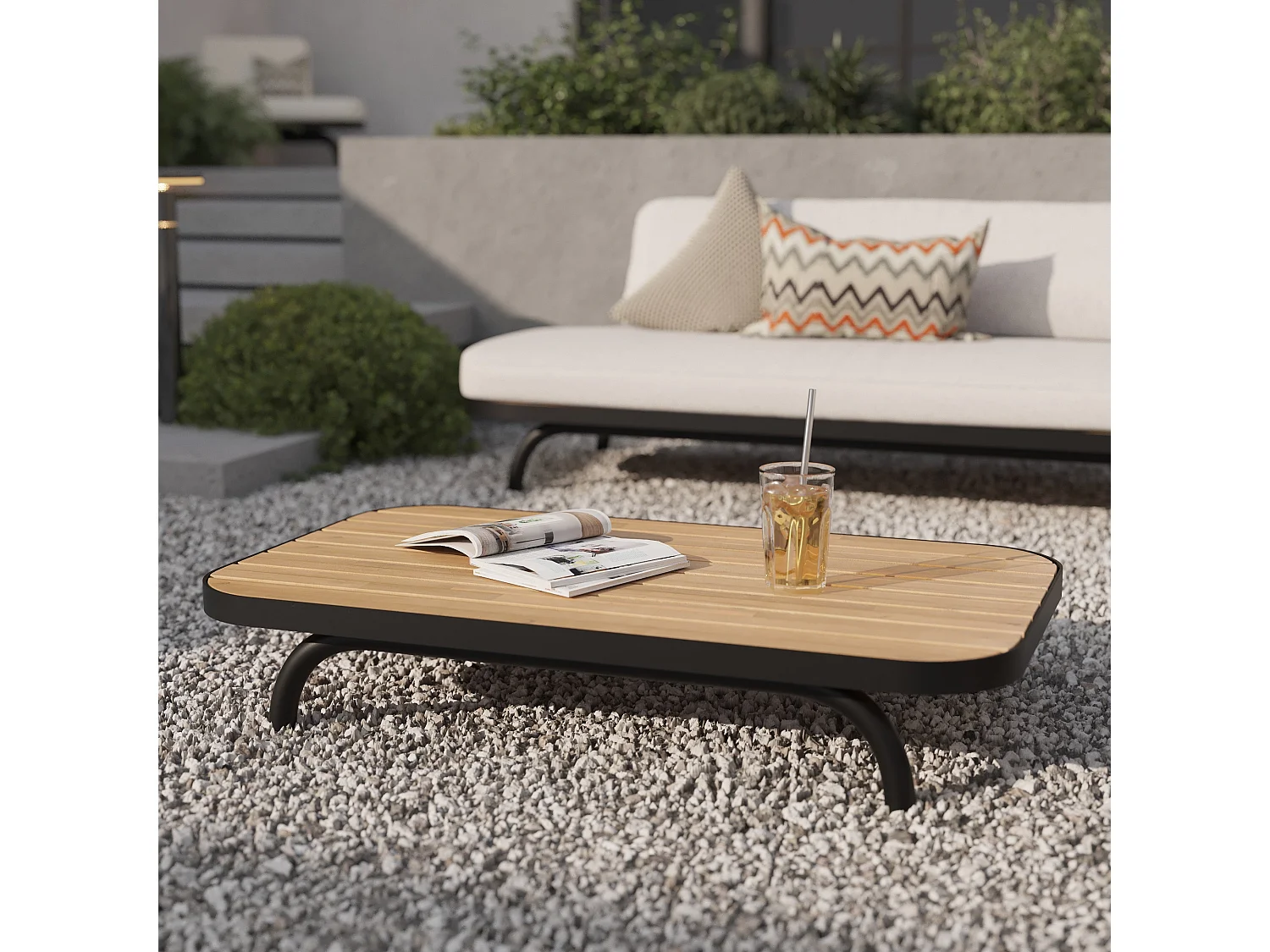 Table basse de jardin en bois d'acacia et pieds en métal noir - Samba