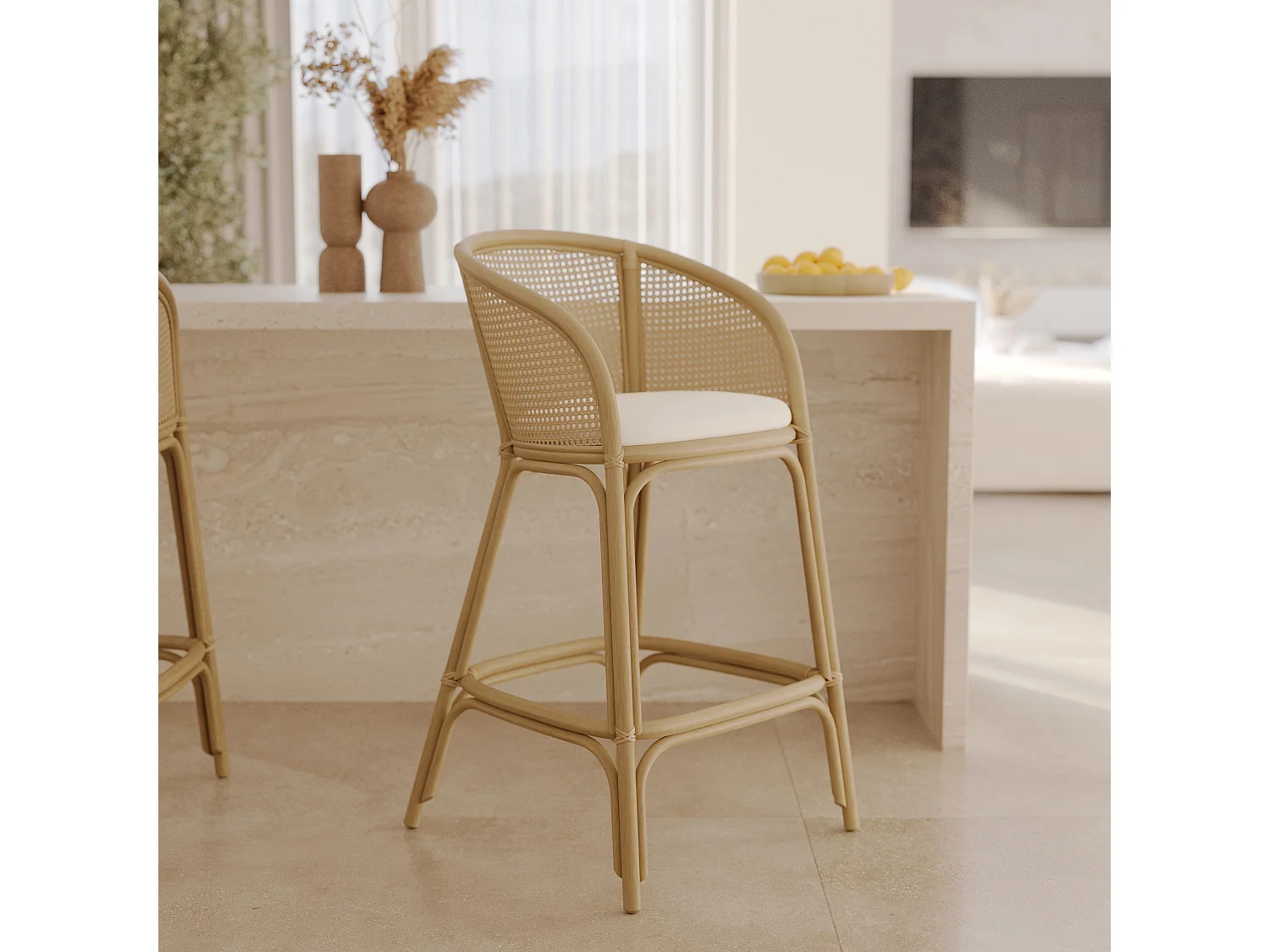 Chaise de bar en rotin et tissu crème 72 cm - Mélana