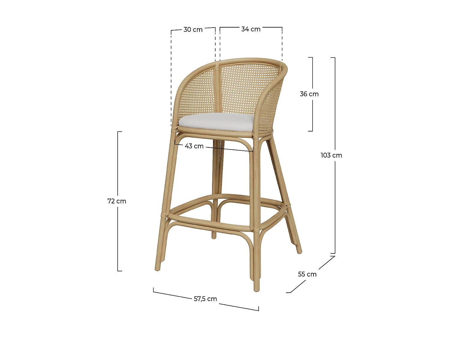Chaise de bar en rotin et tissu crème 72 cm - Mélana