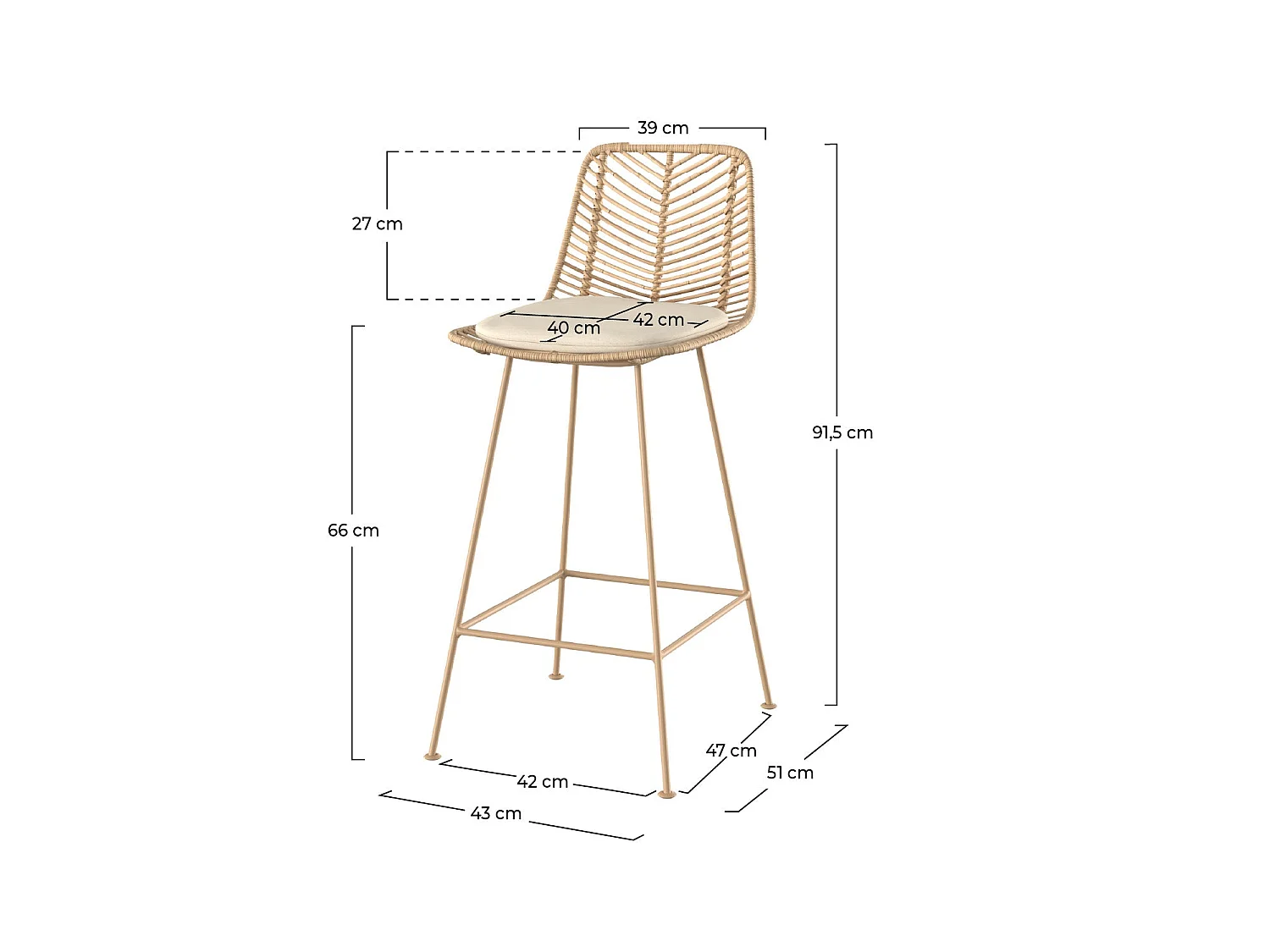 Set de 2 sillas para isla de cocina en mimbre natural 66 cm - Tamara