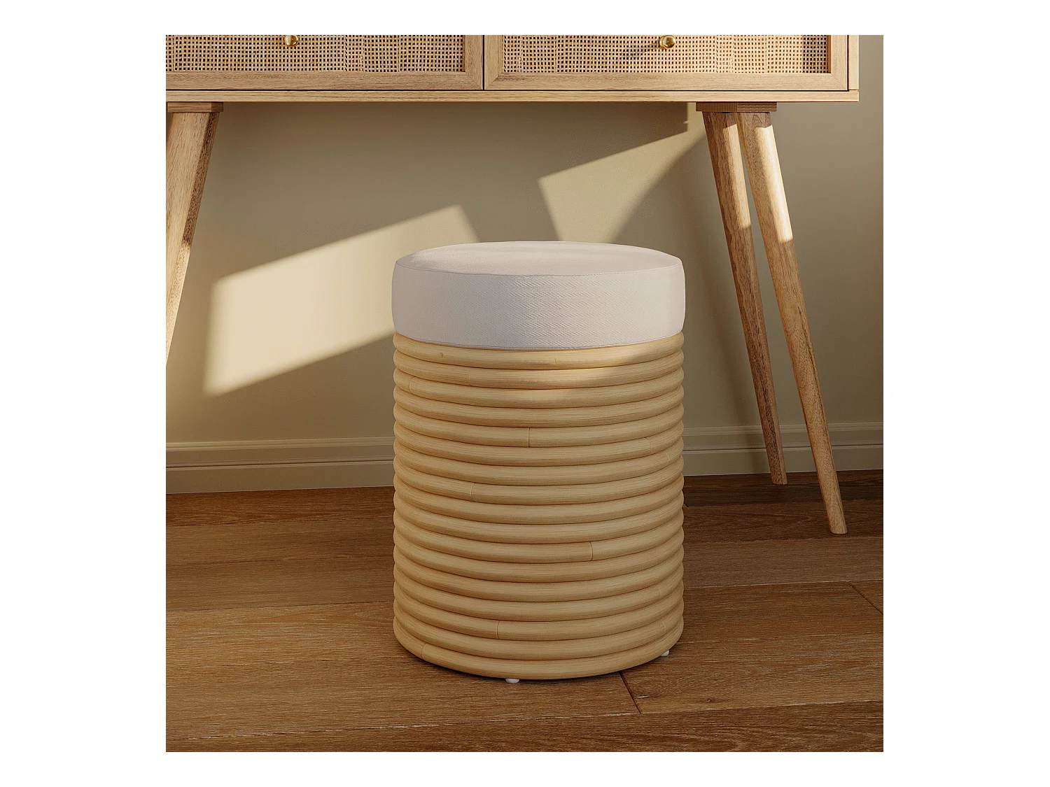 Tabouret en rotin et tissu crème H 43 cm - Théa