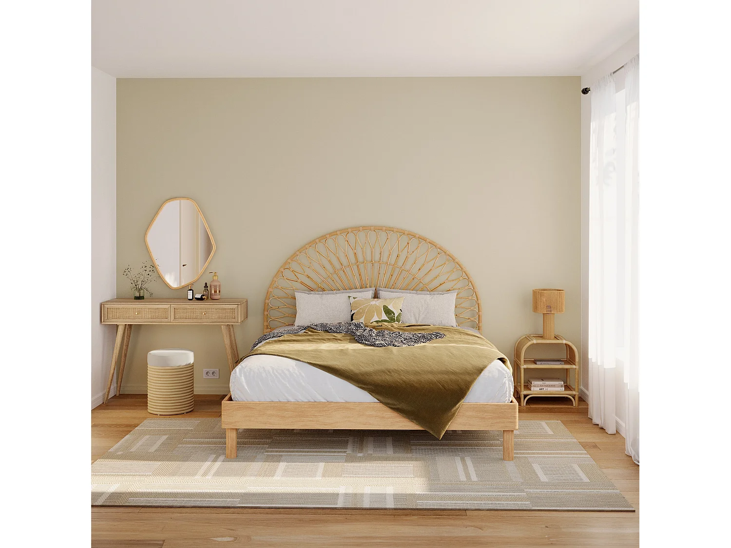 Tabouret en rotin et tissu crème H 43 cm - Théa