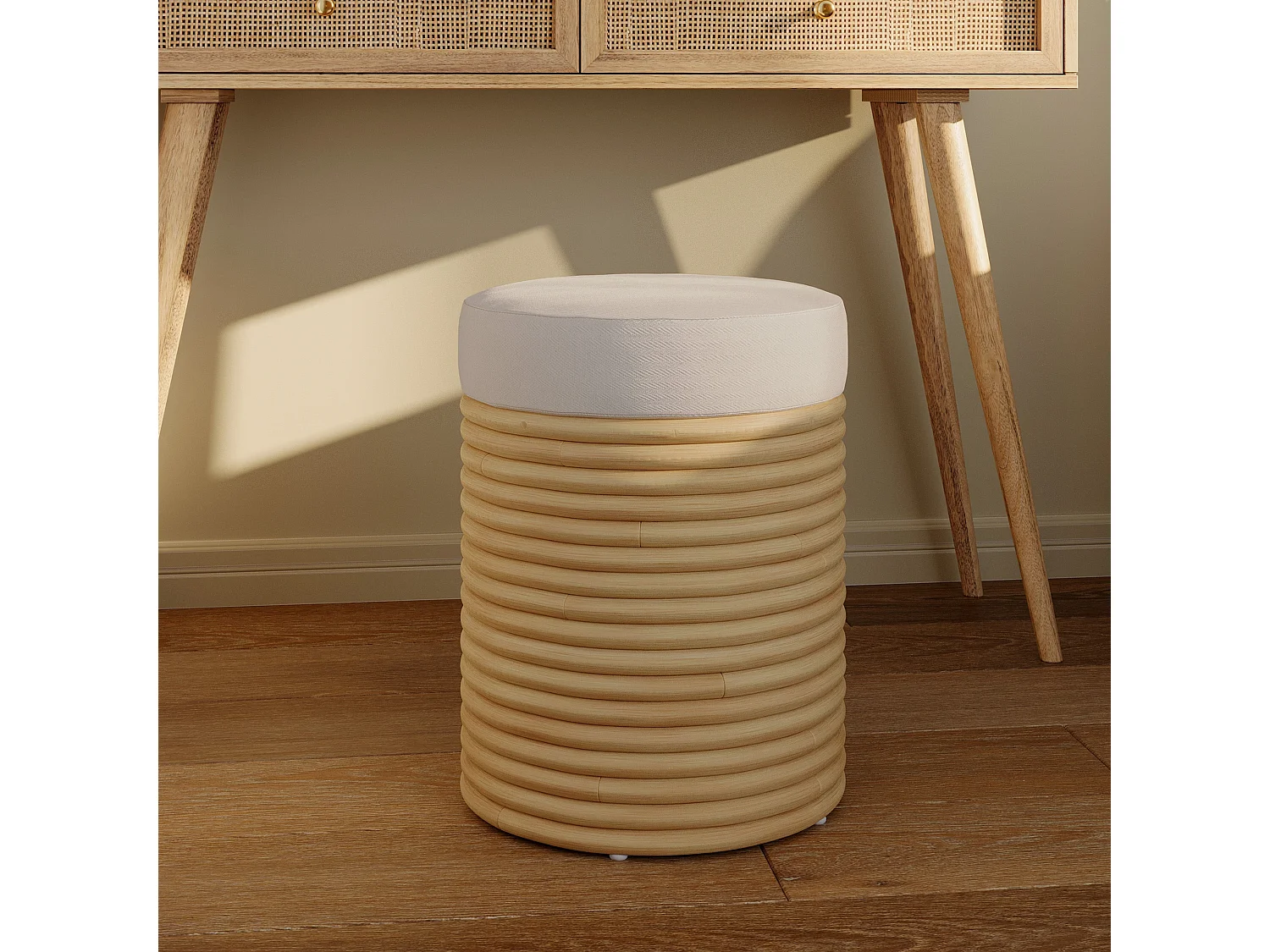 Tabouret en rotin et tissu crème H 43 cm - Théa