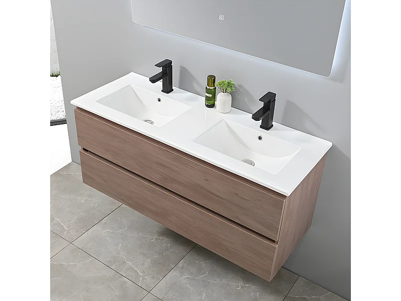 LuxuryBain - Meuble de salle de bain double vasque 120cm bois foncé avec miroir led
