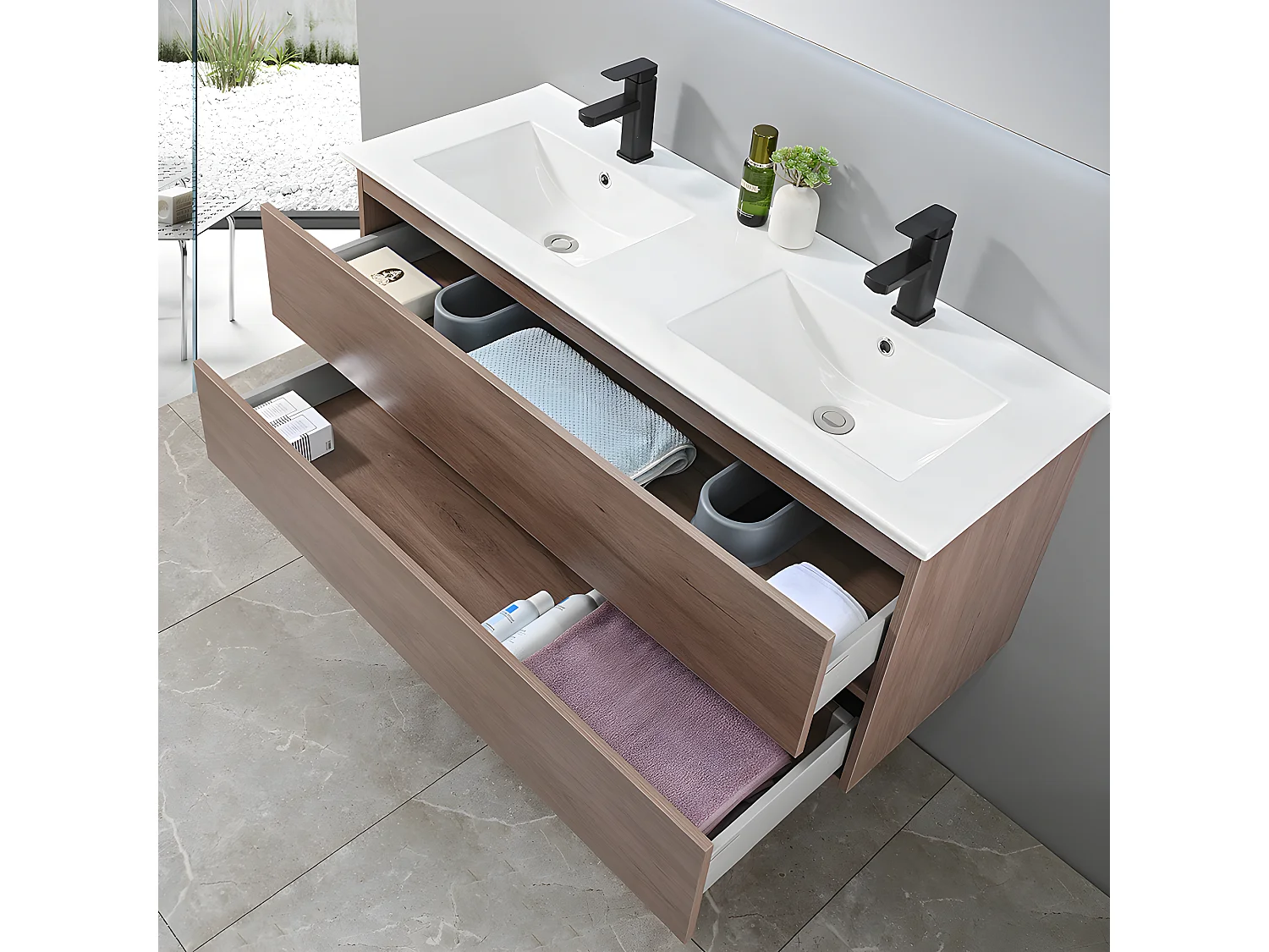 LuxuryBain - Meuble de salle de bain double vasque 120cm bois foncé avec miroir led
