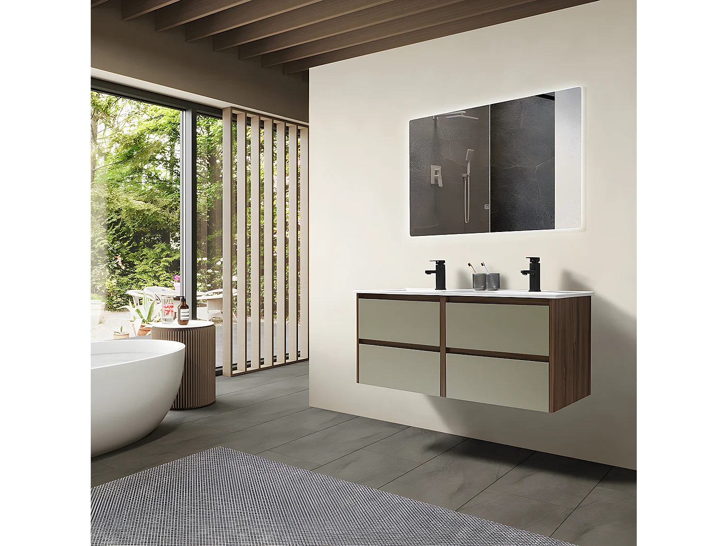 LuxuryBain - Meuble de salle de bain double vasque 120cm bois et vert avec miroir led