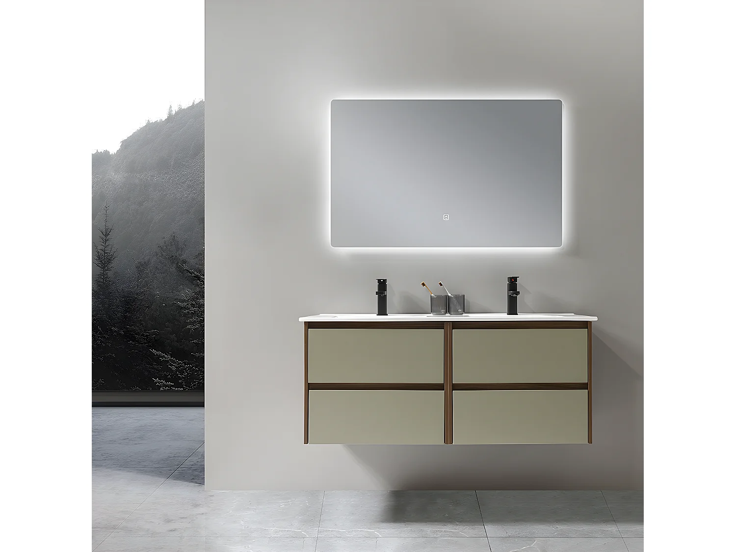 LuxuryBain - Meuble de salle de bain double vasque 120cm bois et vert avec miroir led