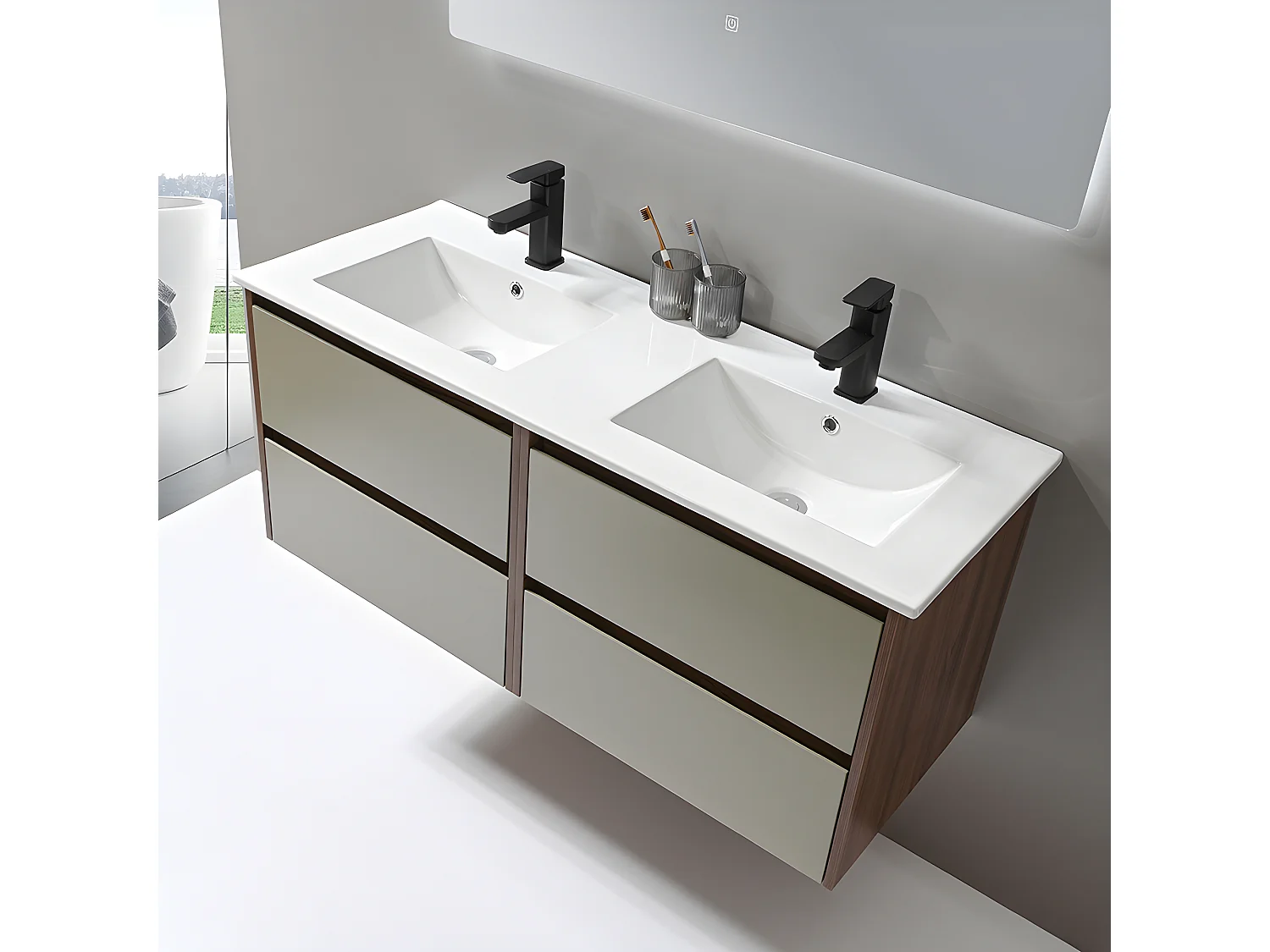 LuxuryBain - Meuble de salle de bain double vasque 120cm bois et vert avec miroir led