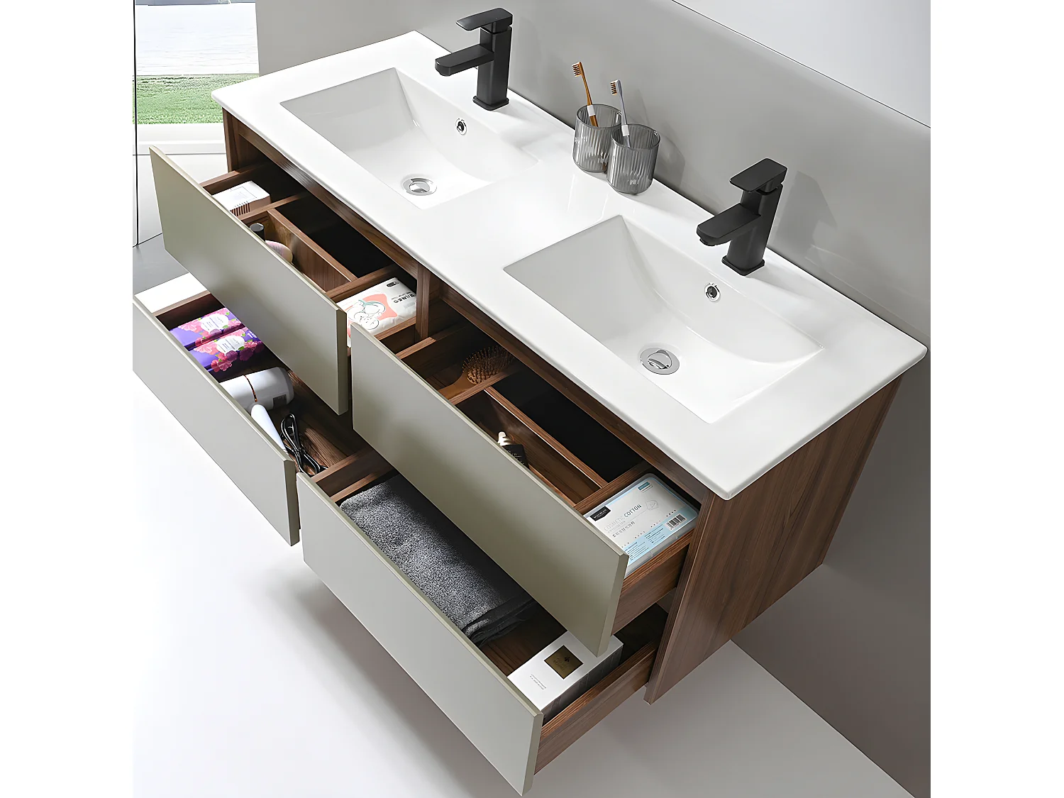 LuxuryBain - Meuble de salle de bain double vasque 120cm bois et vert avec miroir led