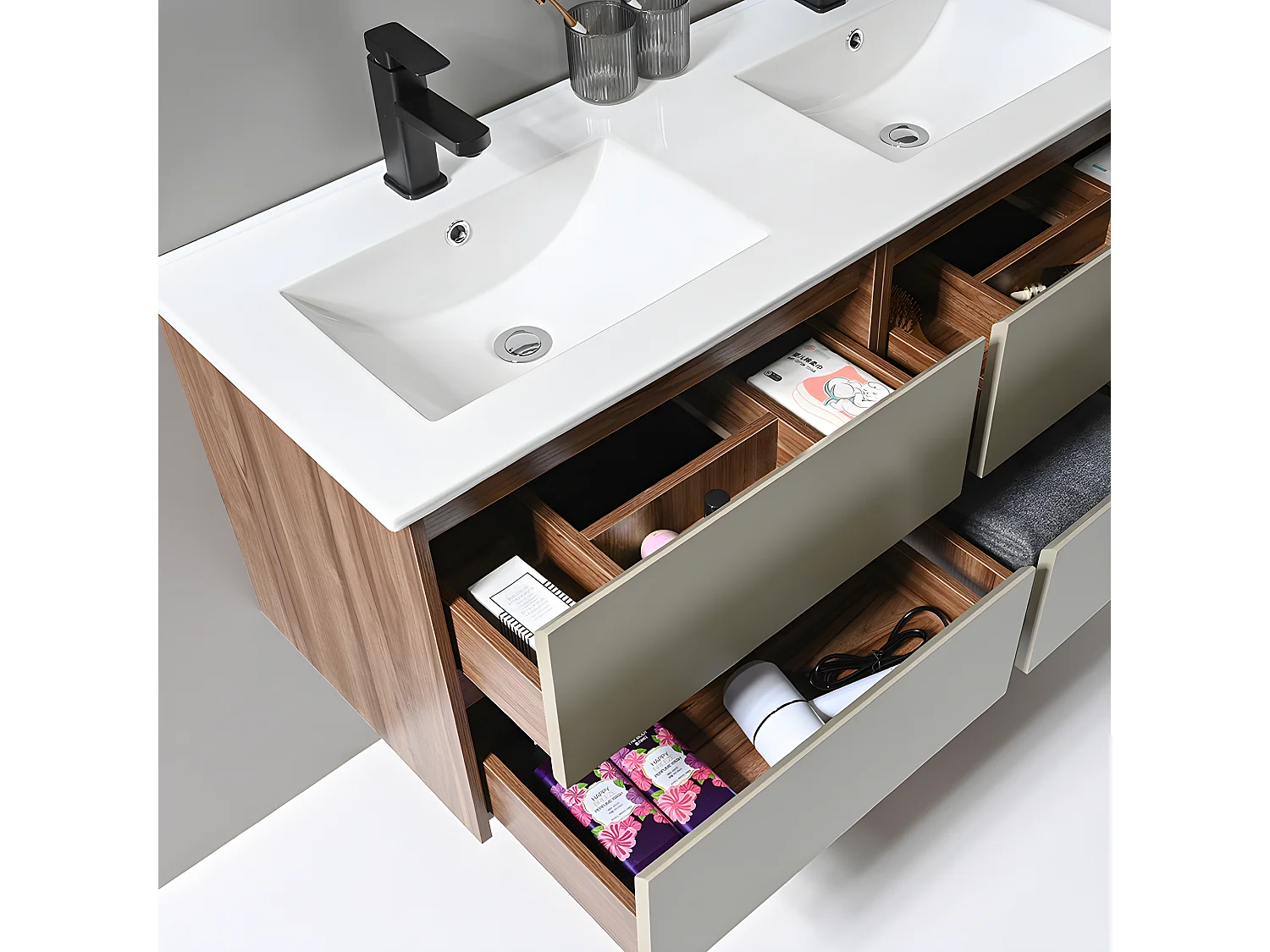 LuxuryBain - Meuble de salle de bain double vasque 120cm bois et vert avec miroir led