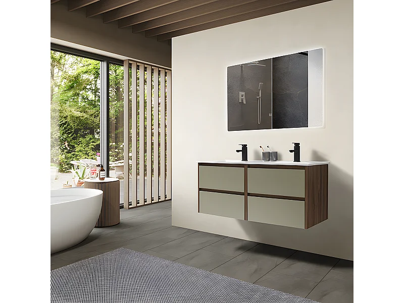 LuxuryBain - Meuble de salle de bain double vasque 120cm bois et vert avec miroir led