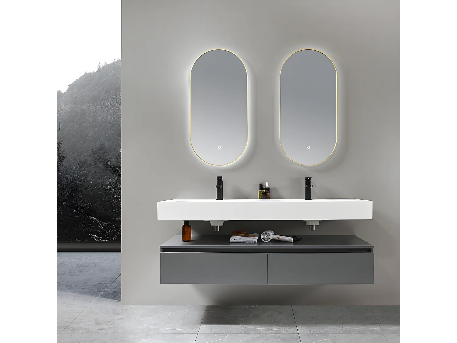 LuxuryBain - Meuble de salle de bain double vasque 140cm en Corian blanc avec miroir led