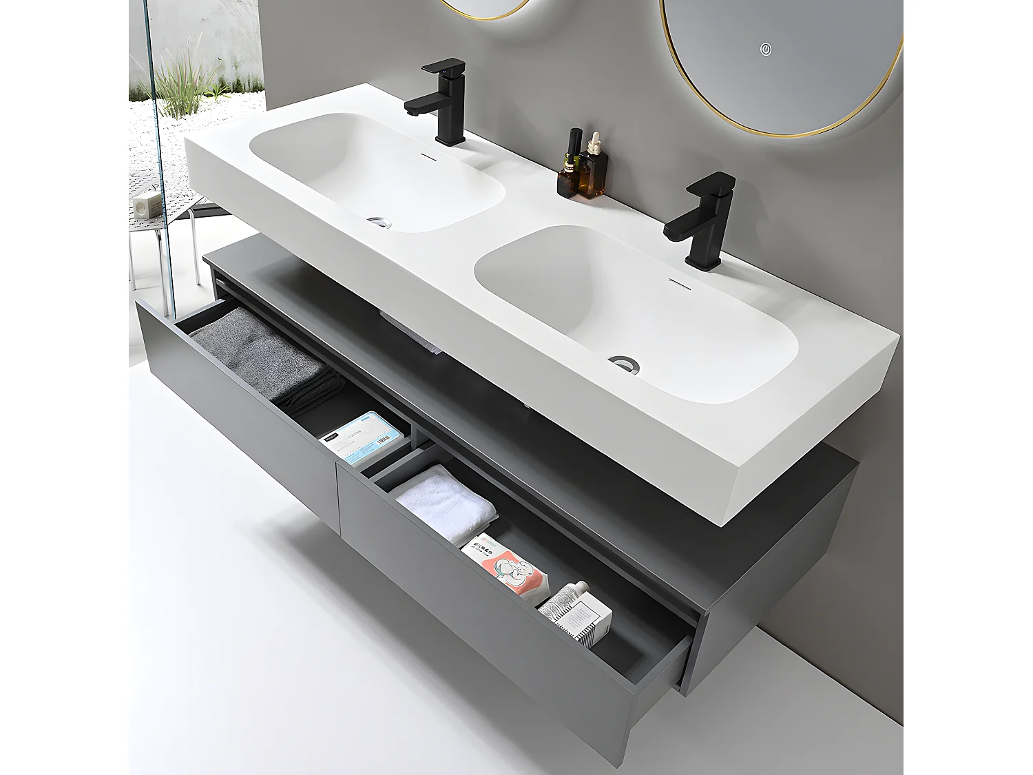 LuxuryBain - Meuble de salle de bain double vasque 140cm en Corian blanc avec miroir led