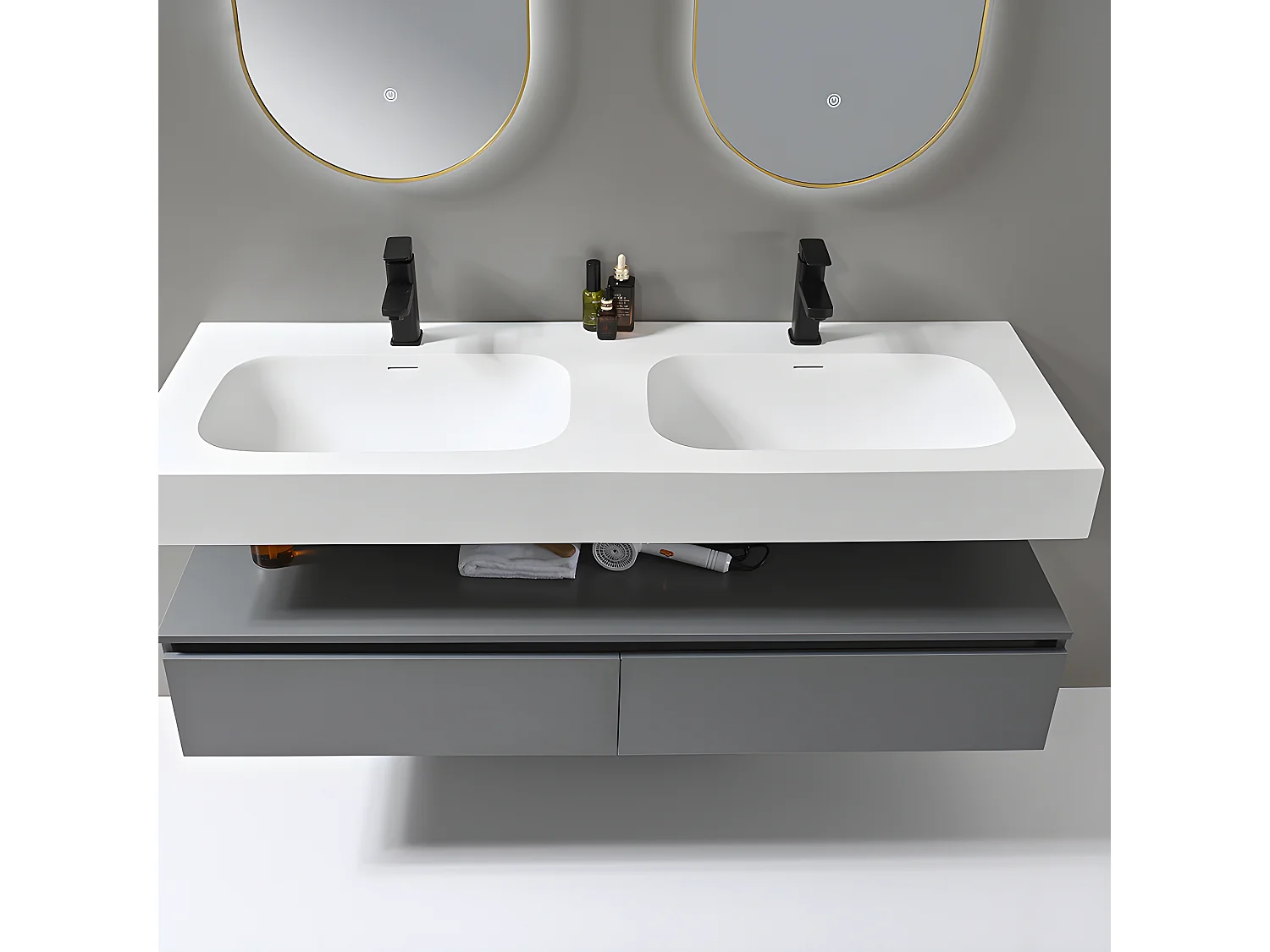 LuxuryBain - Meuble de salle de bain double vasque 140cm en Corian blanc avec miroir led