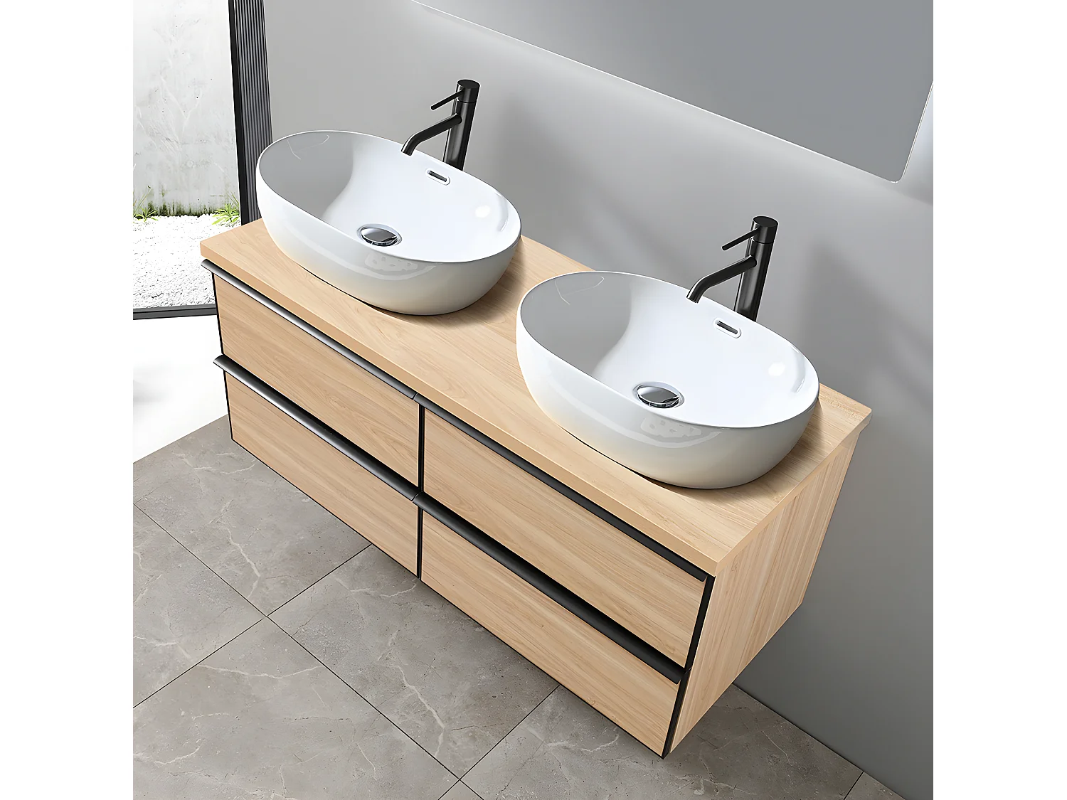 LuxuryBain - Meuble de salle de bain double vasque 120cm chêne clair avec miroir led