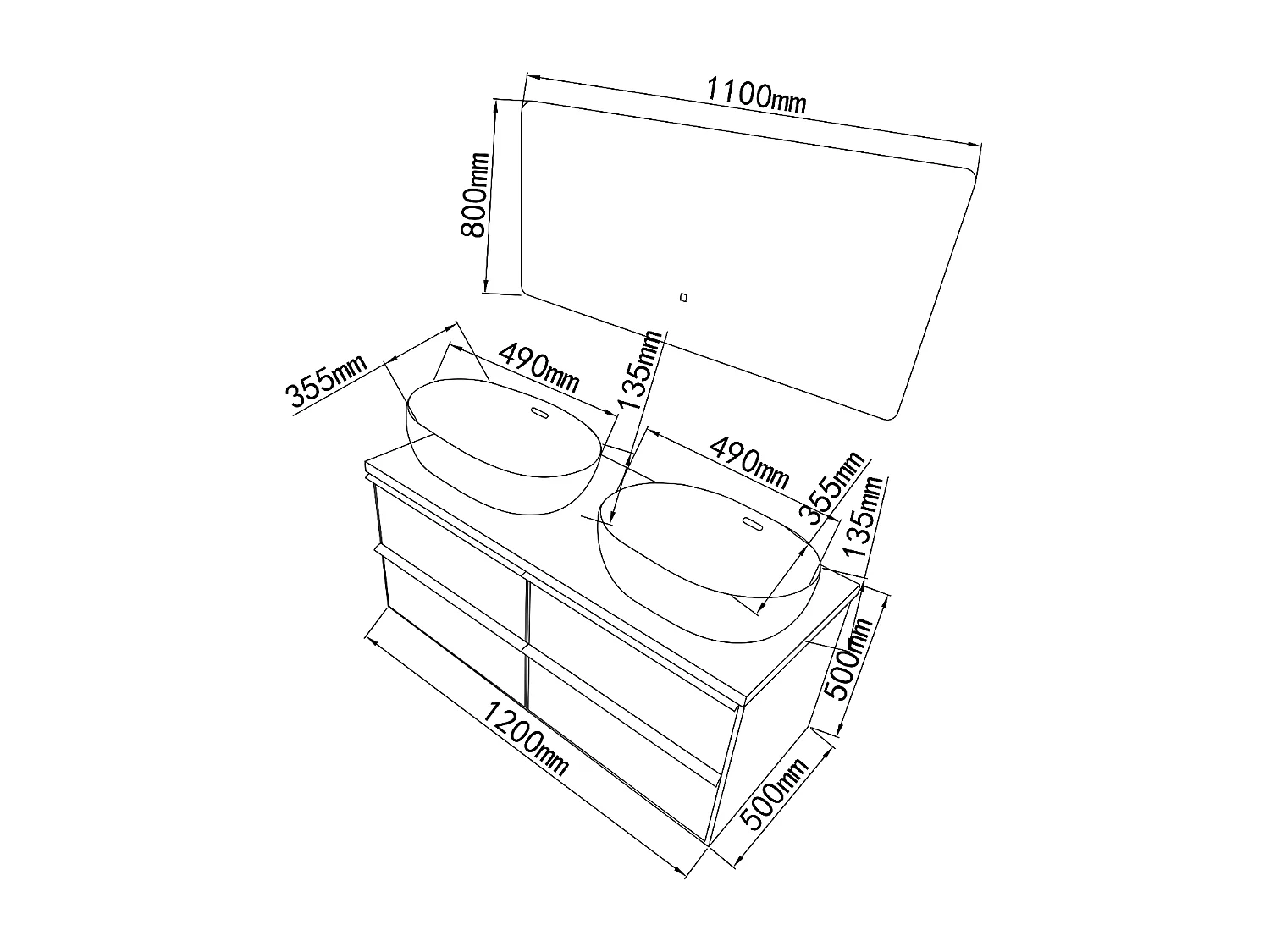 LuxuryBain - Meuble de salle de bain double vasque 120cm chêne clair avec miroir led