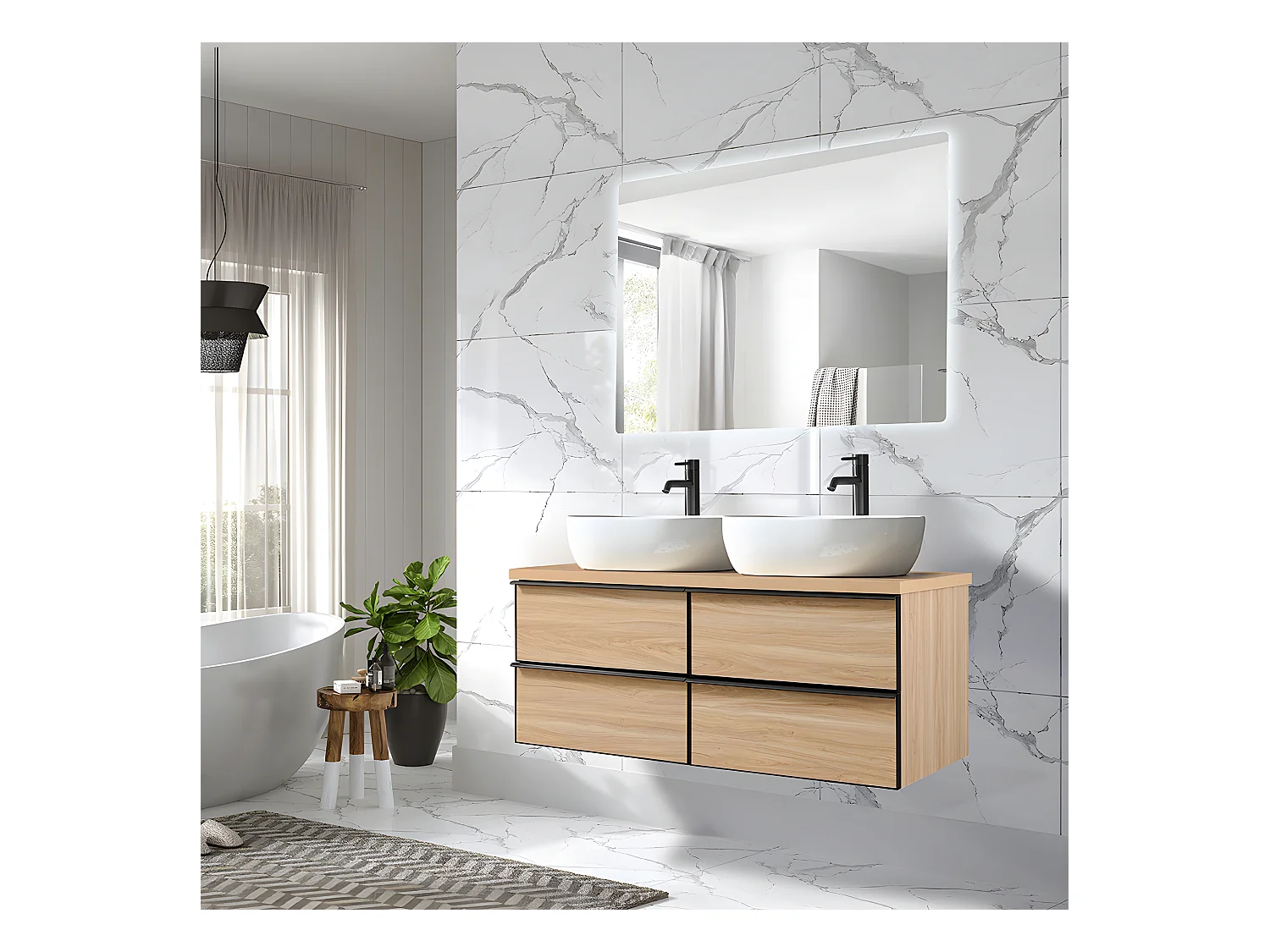 LuxuryBain - Meuble de salle de bain double vasque 120cm chêne clair avec miroir led