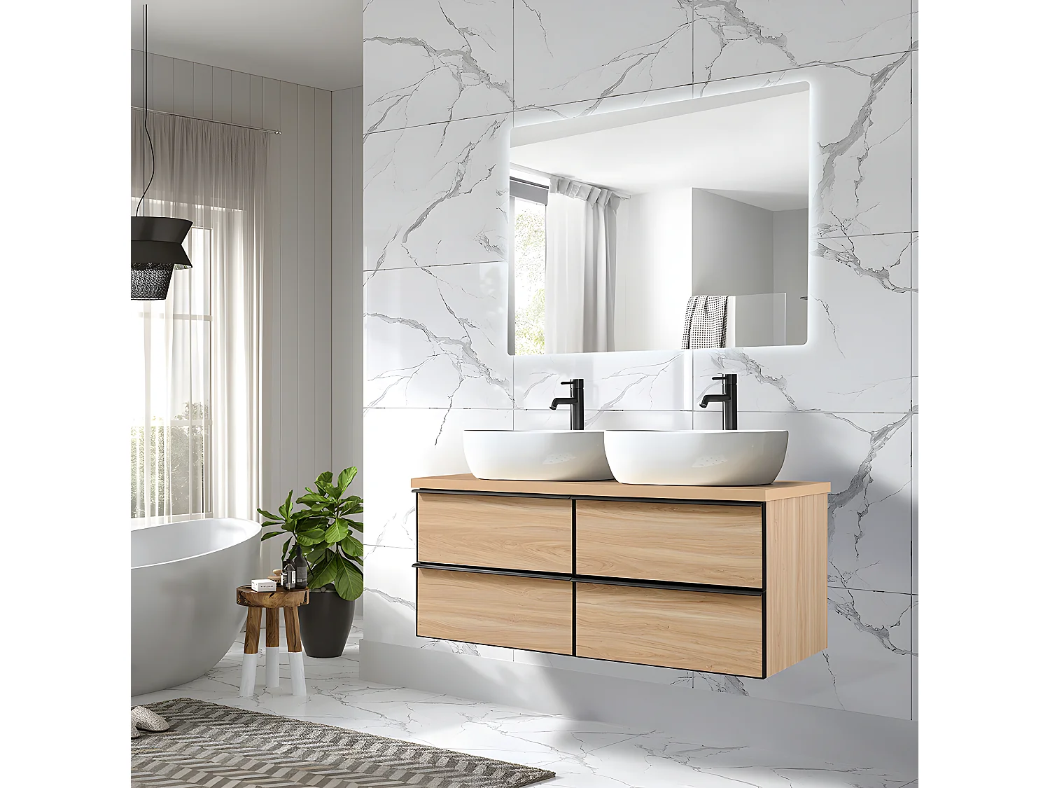 LuxuryBain - Meuble de salle de bain double vasque 120cm chêne clair avec miroir led