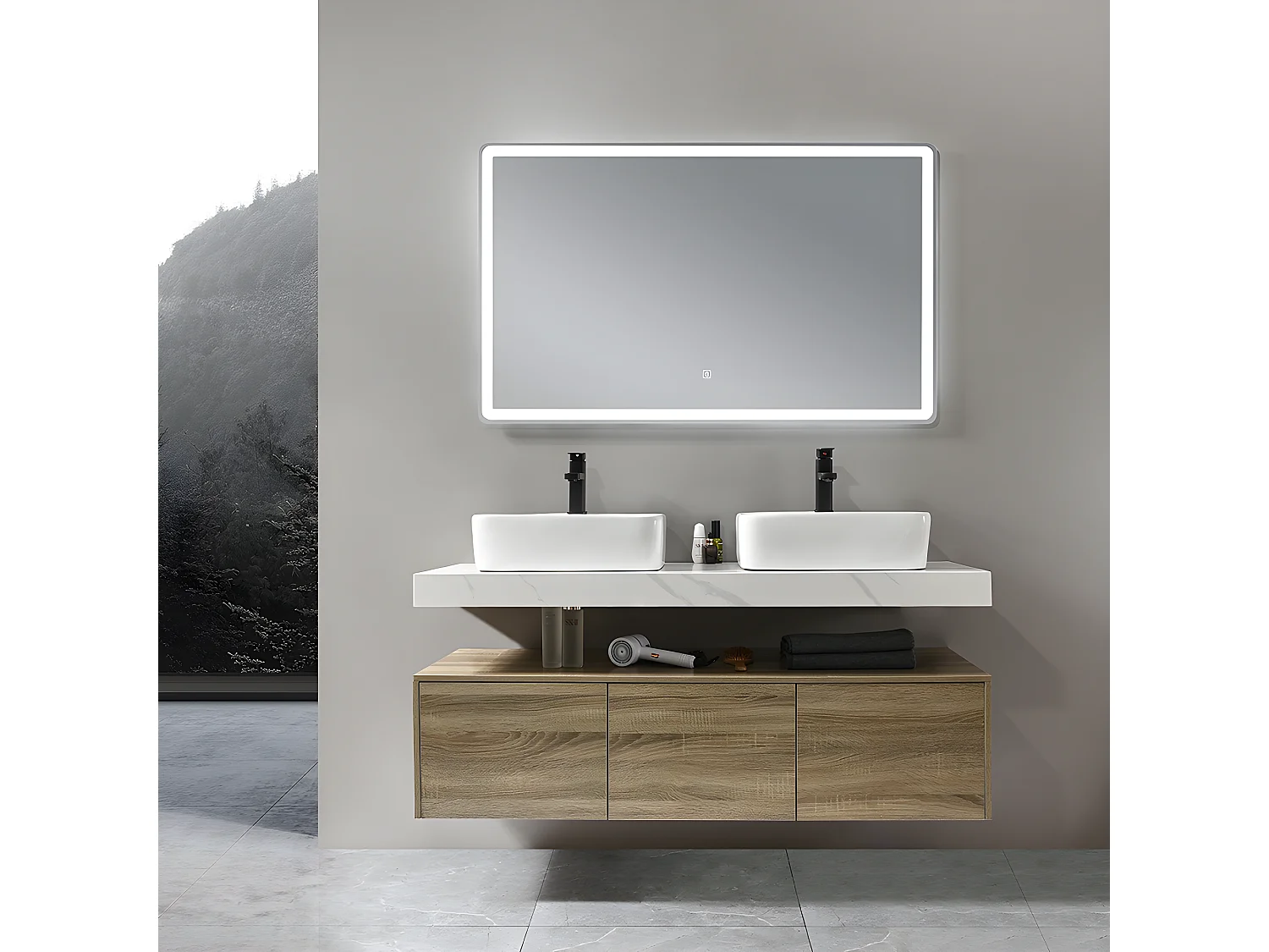 LuxuryBain - Meuble de salle de bain double vasque 140cm bois et effet marbre avec miroir led