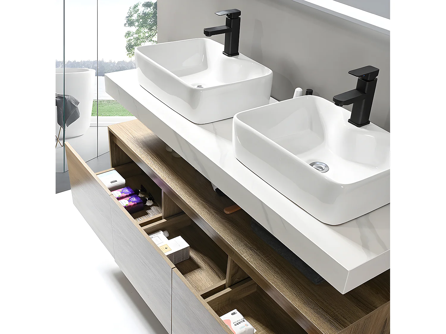 LuxuryBain - Meuble de salle de bain double vasque 140cm bois et effet marbre avec miroir led