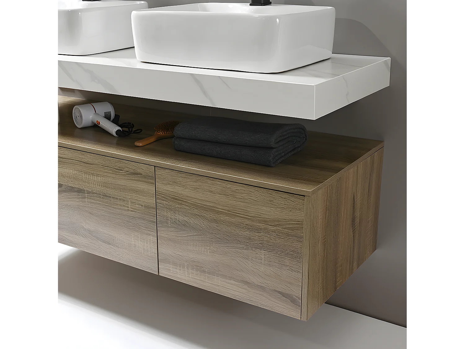 LuxuryBain - Meuble de salle de bain double vasque 140cm bois et effet marbre avec miroir led