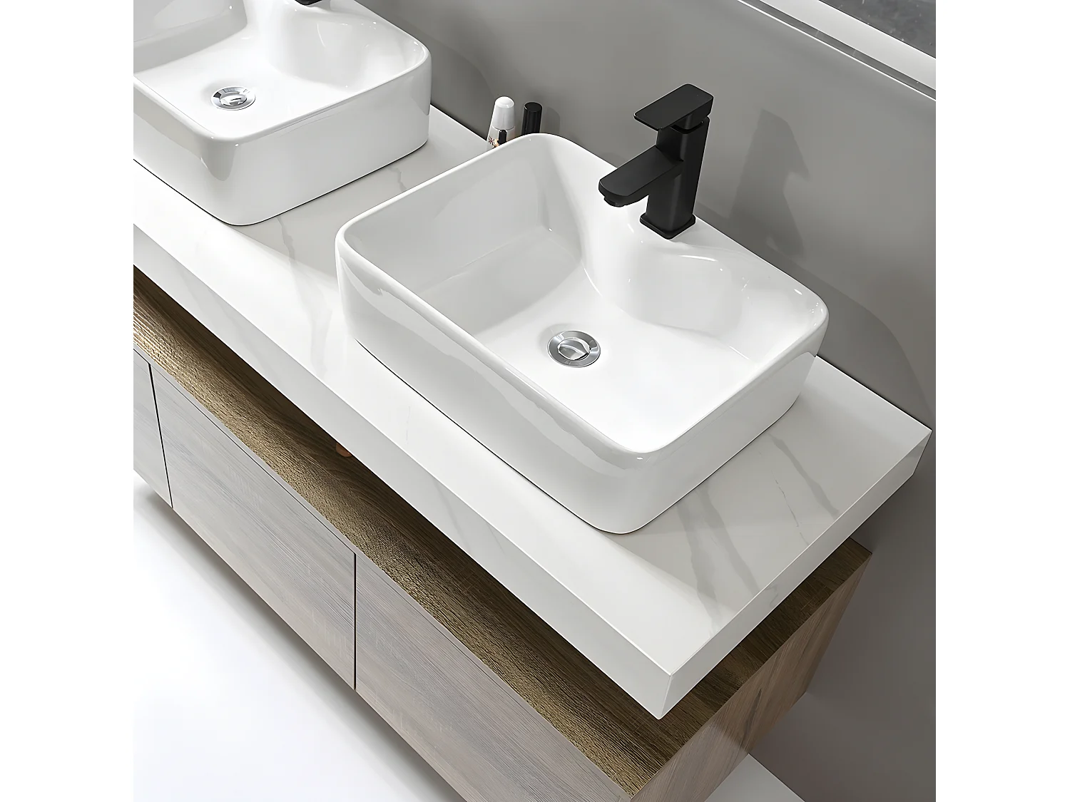 LuxuryBain - Meuble de salle de bain double vasque 140cm bois et effet marbre avec miroir led