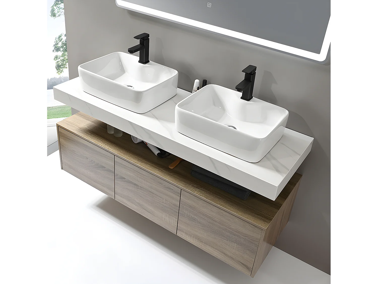 LuxuryBain - Meuble de salle de bain double vasque 140cm bois et effet marbre avec miroir led