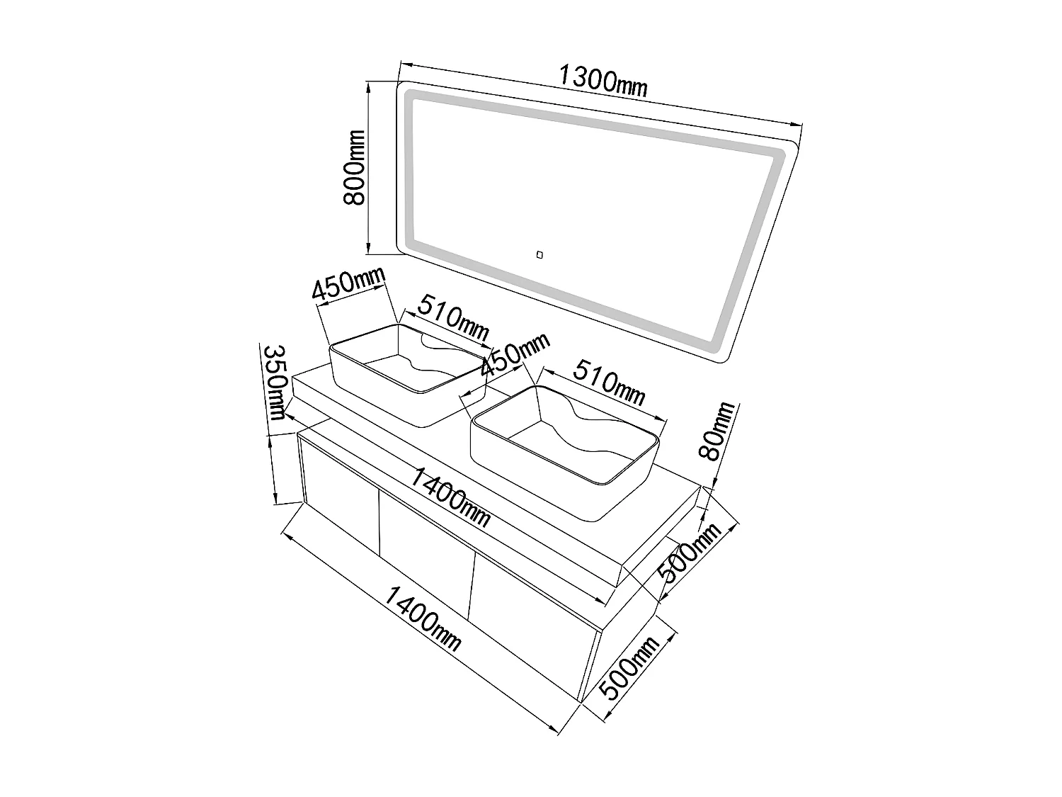 LuxuryBain - Meuble de salle de bain double vasque 140cm bois et effet marbre avec miroir led