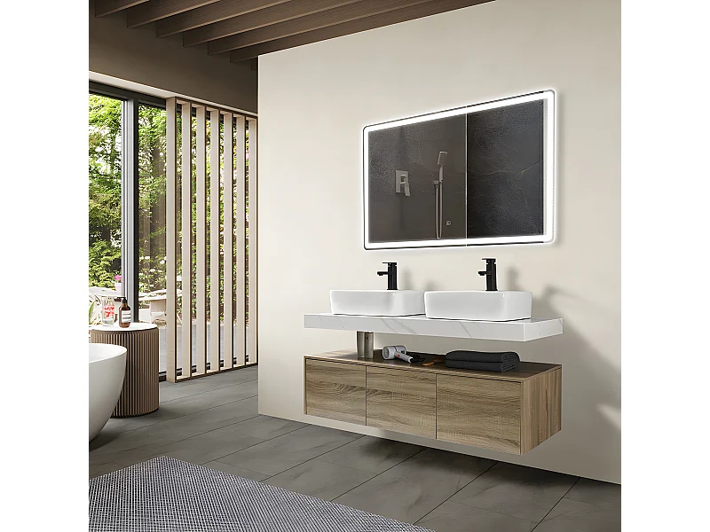 LuxuryBain - Meuble de salle de bain double vasque 140cm bois et effet marbre avec miroir led
