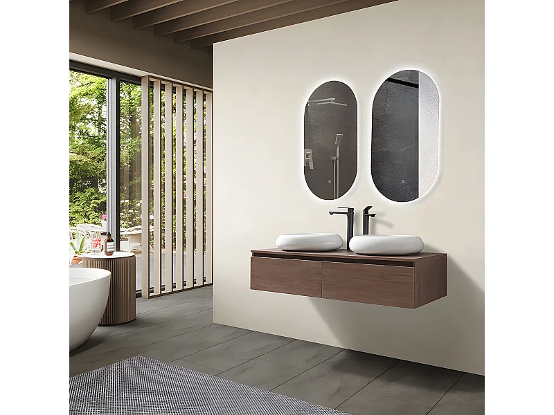 LuxuryBain - Meuble de salle de bain double vasque 120cm bois foncé avec miroir led