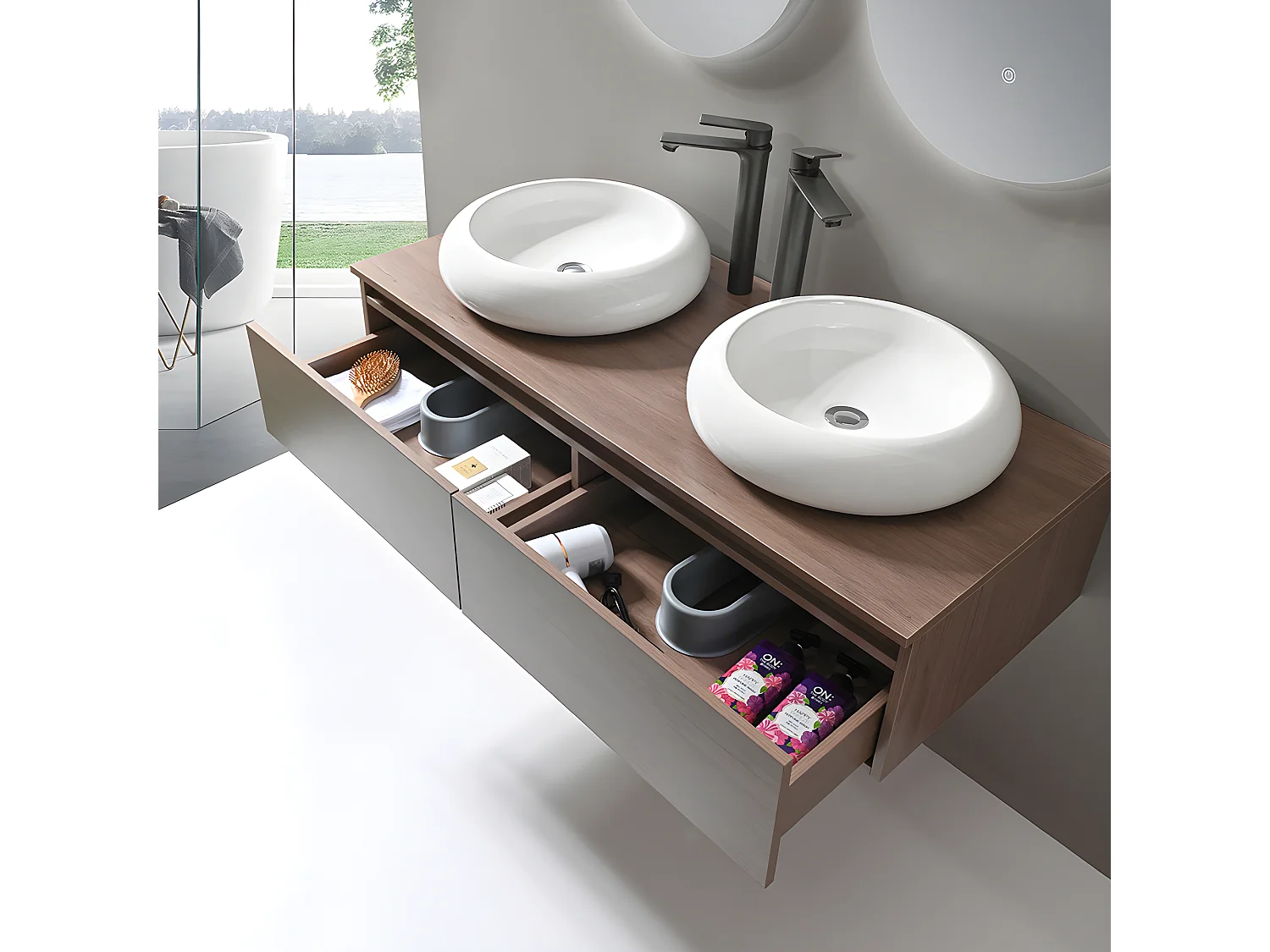 LuxuryBain - Meuble de salle de bain double vasque 120cm bois foncé avec miroir led