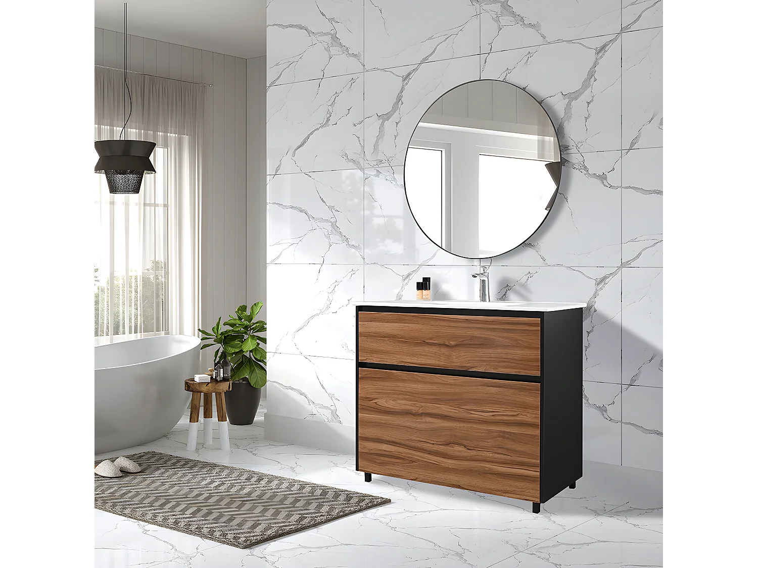 LuxuryBain - Meuble de salle de bain simple vasque 100cm sur pied noir et bois avec miroir