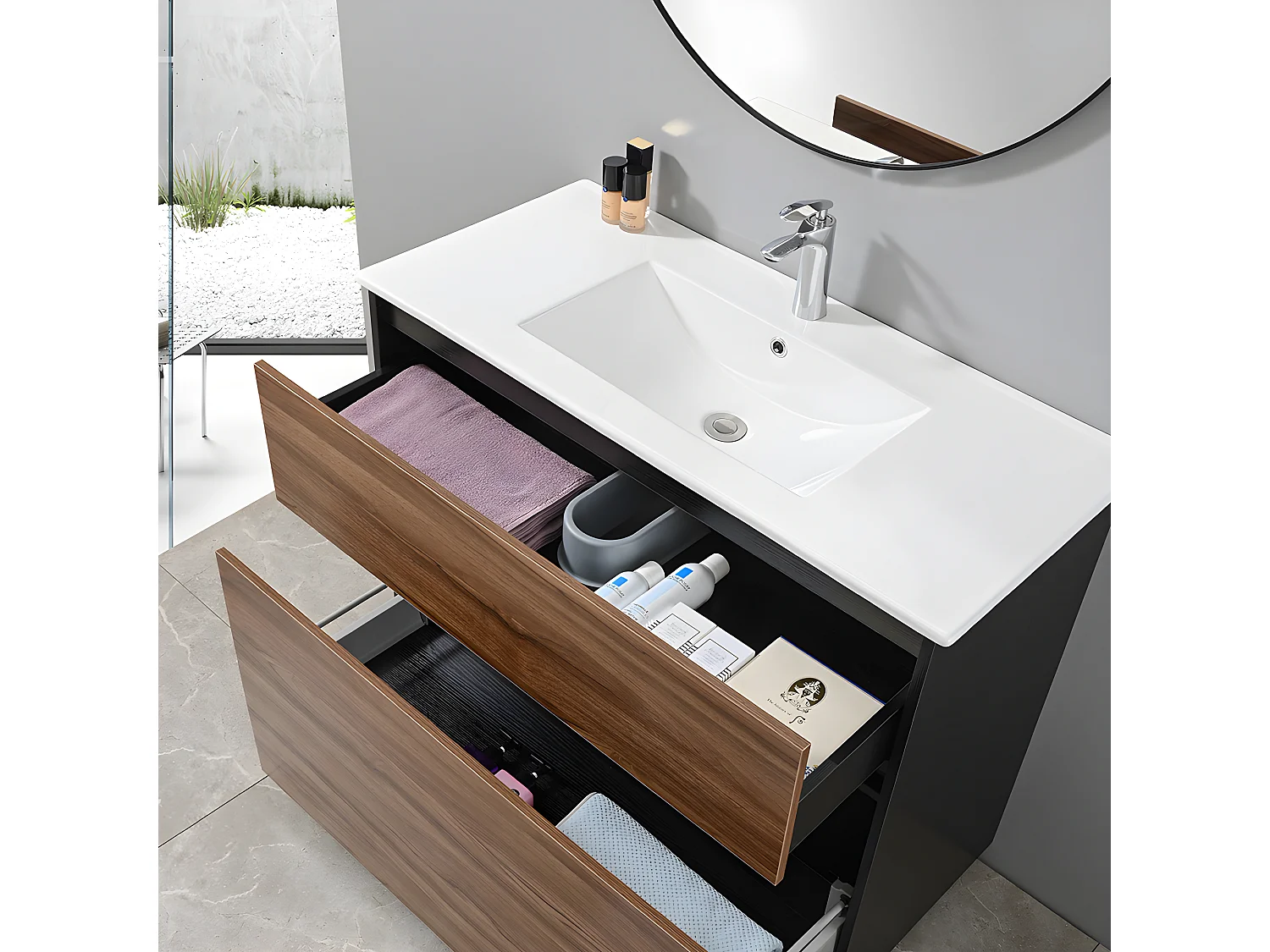 LuxuryBain - Meuble de salle de bain simple vasque 100cm sur pied noir et bois avec miroir
