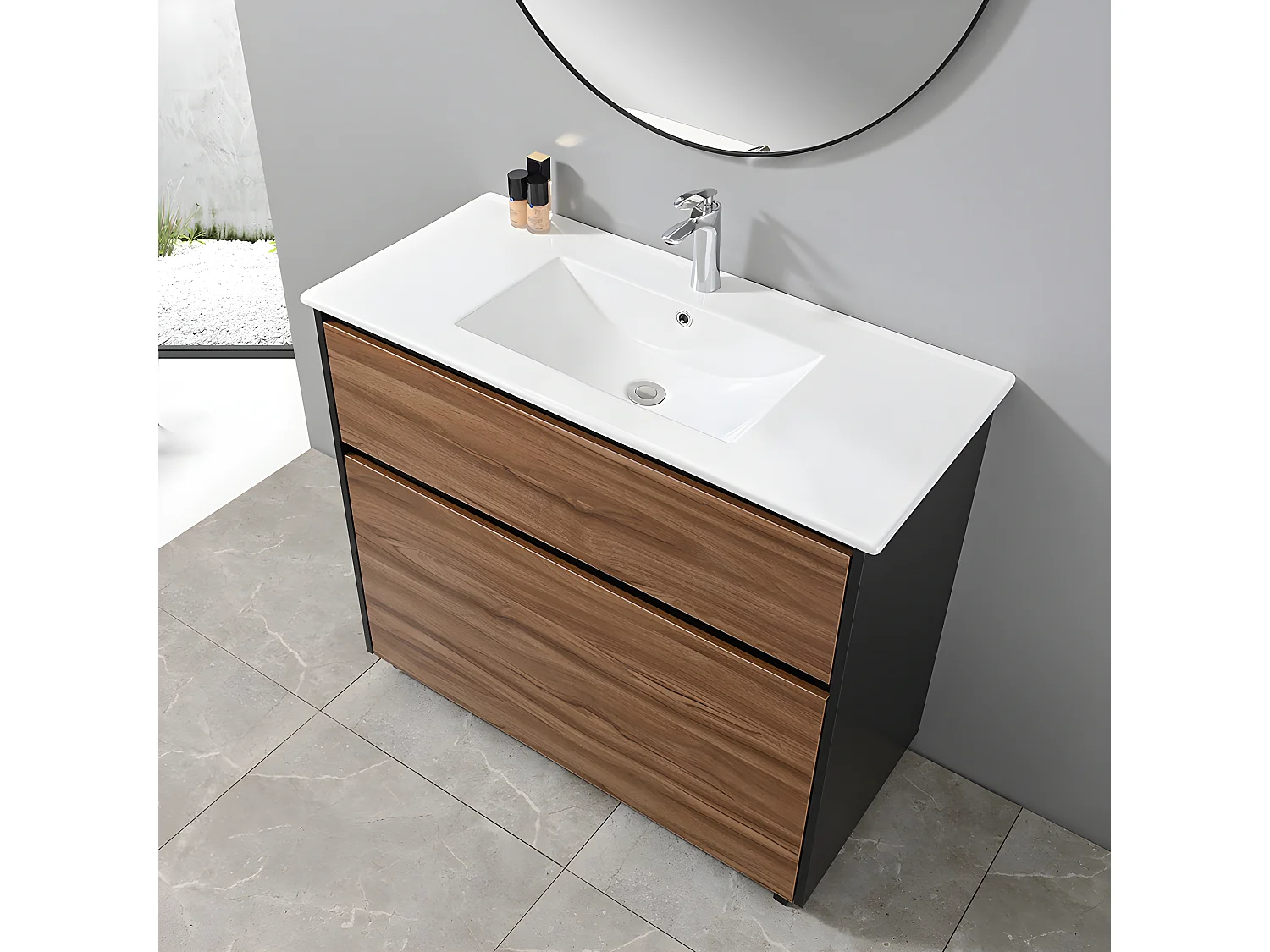 LuxuryBain - Meuble de salle de bain simple vasque 100cm sur pied noir et bois avec miroir