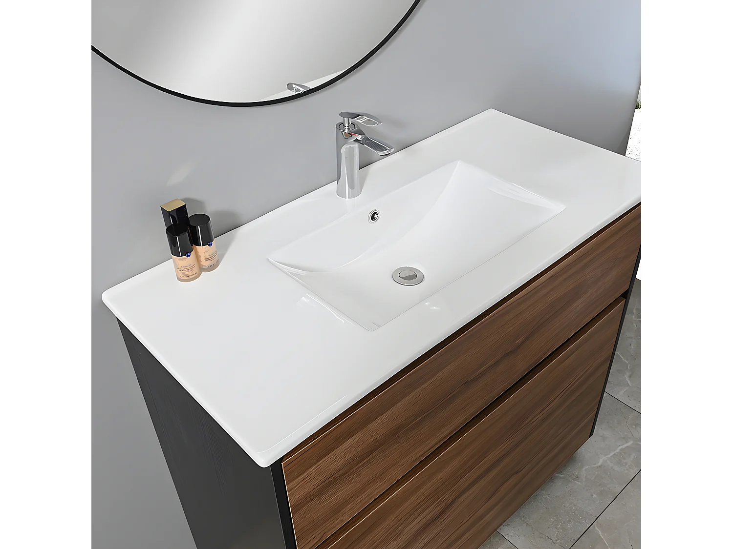 LuxuryBain - Meuble de salle de bain simple vasque 100cm sur pied noir et bois avec miroir