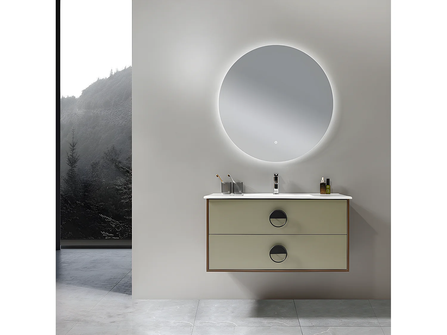 LuxuryBain - Meuble de salle de bain simple vasque 100cm bois et vert avec miroir led