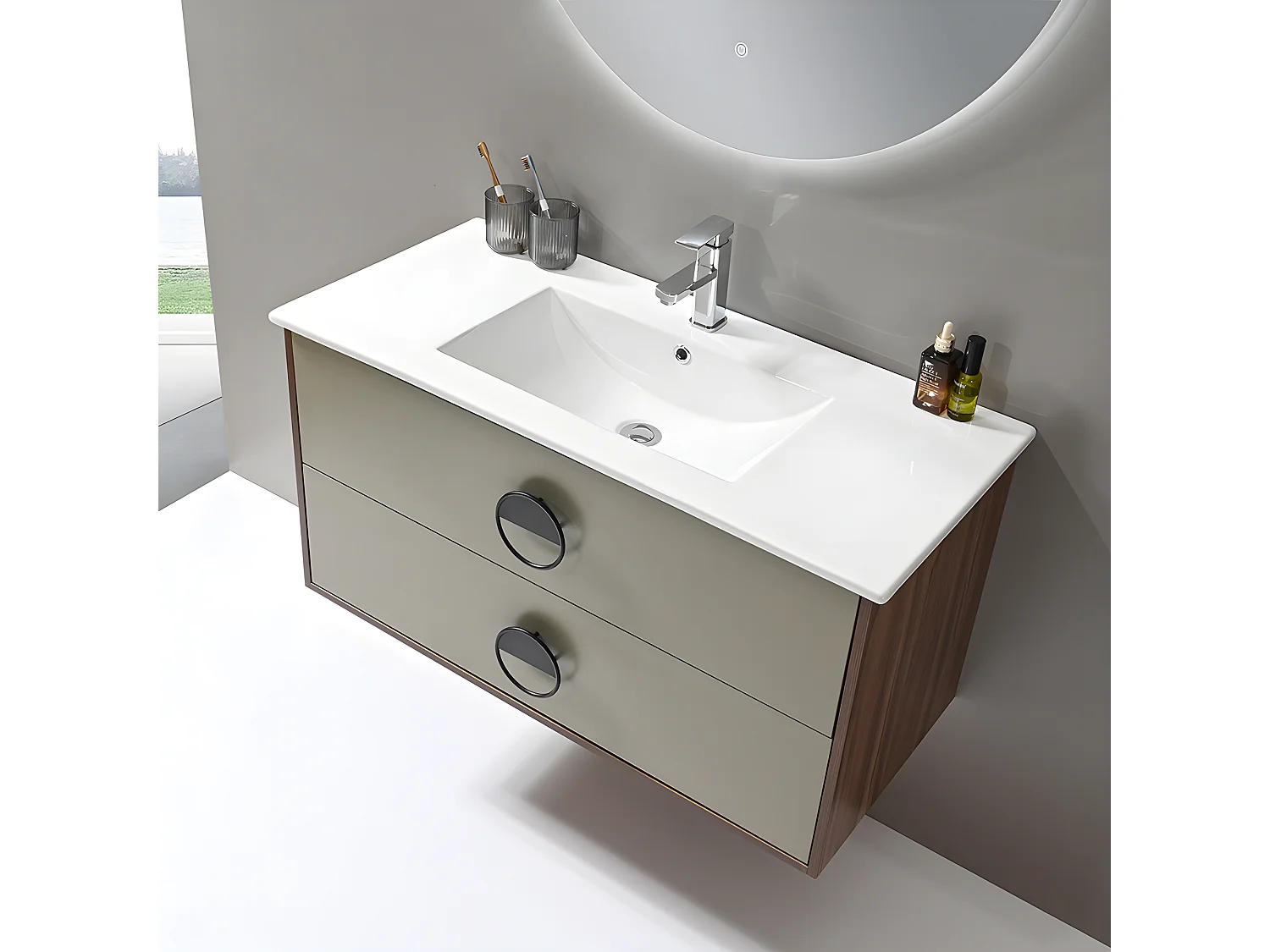 LuxuryBain - Meuble de salle de bain simple vasque 100cm bois et vert avec miroir led