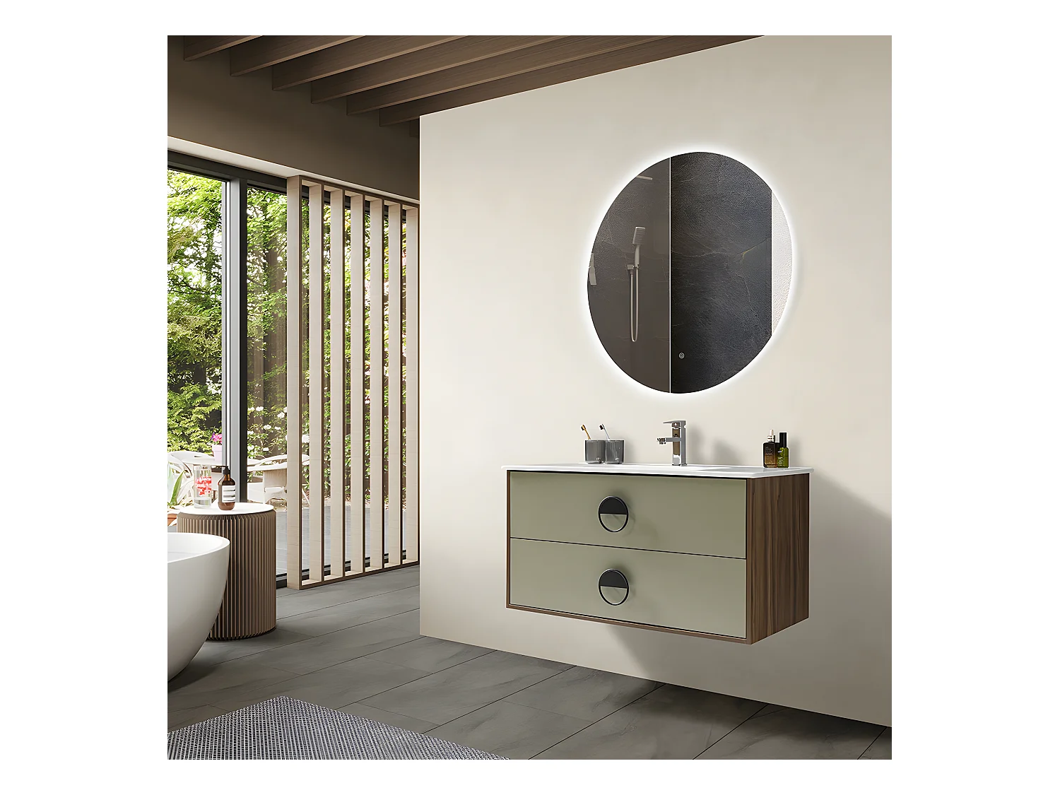 LuxuryBain - Meuble de salle de bain simple vasque 100cm bois et vert avec miroir led
