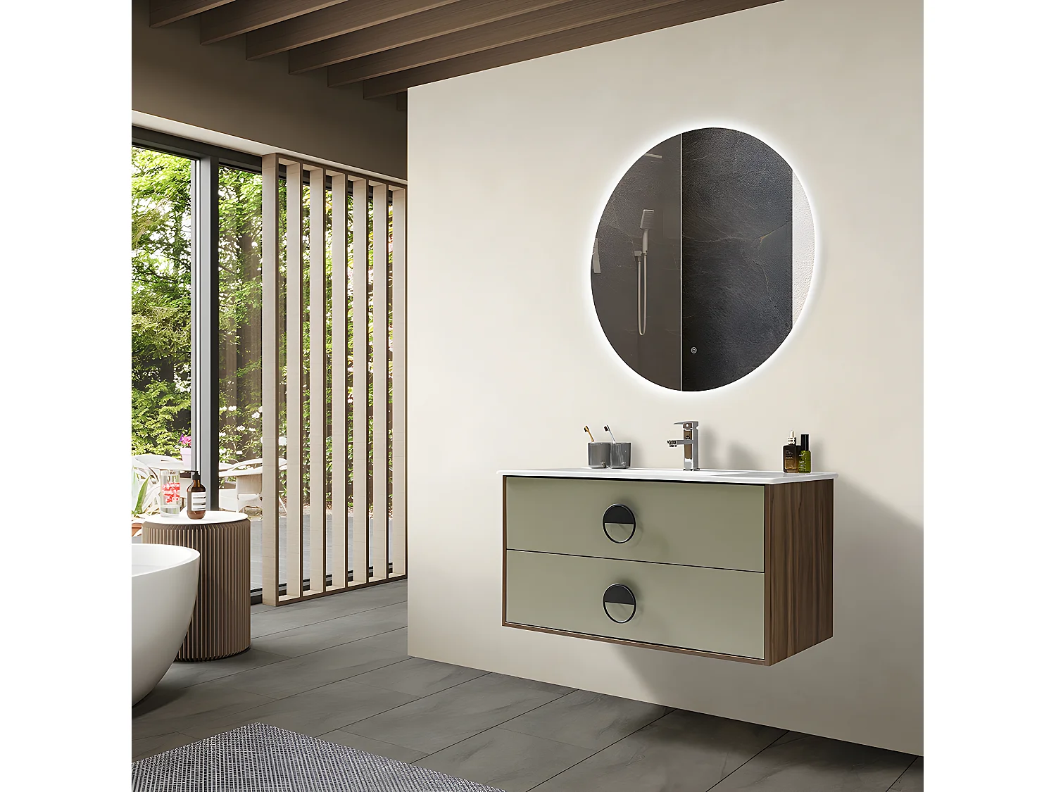LuxuryBain - Meuble de salle de bain simple vasque 100cm bois et vert avec miroir led