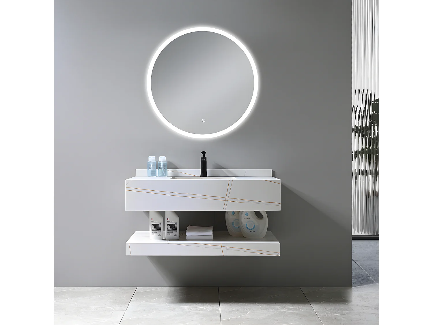 LuxuryBain - Meuble de salle de bain simple vasque 100cm effet marbre blanc et doré avec miroir led