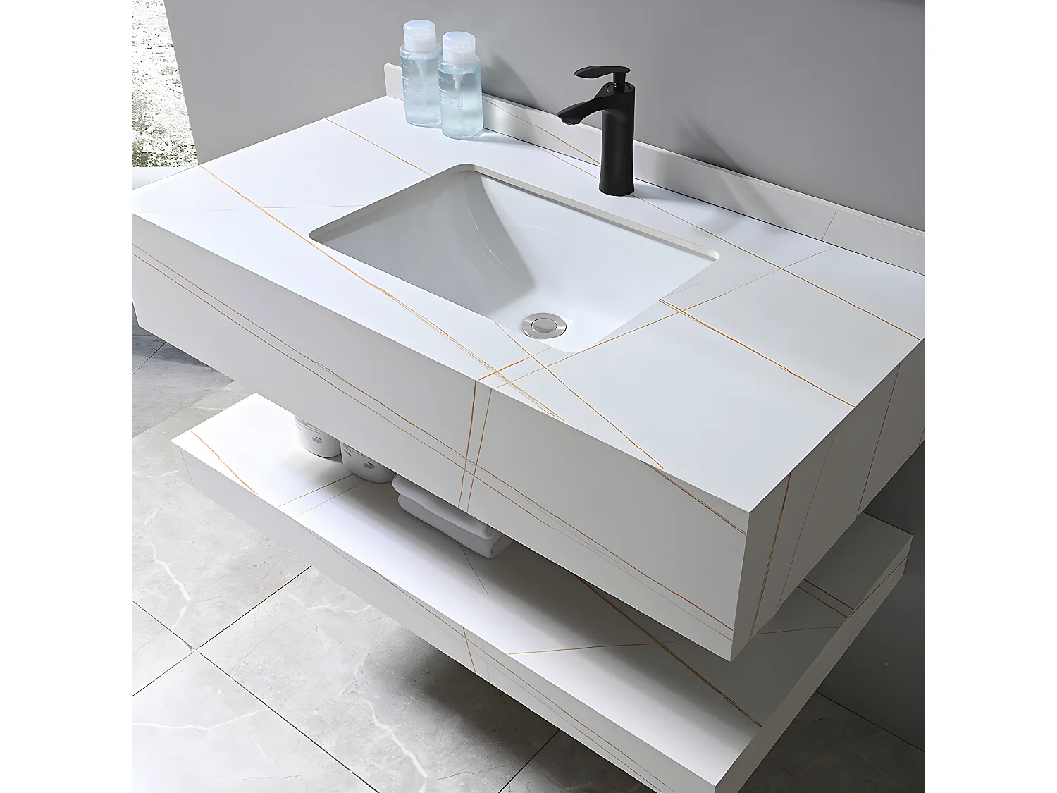 LuxuryBain - Meuble de salle de bain simple vasque 100cm effet marbre blanc et doré avec miroir led