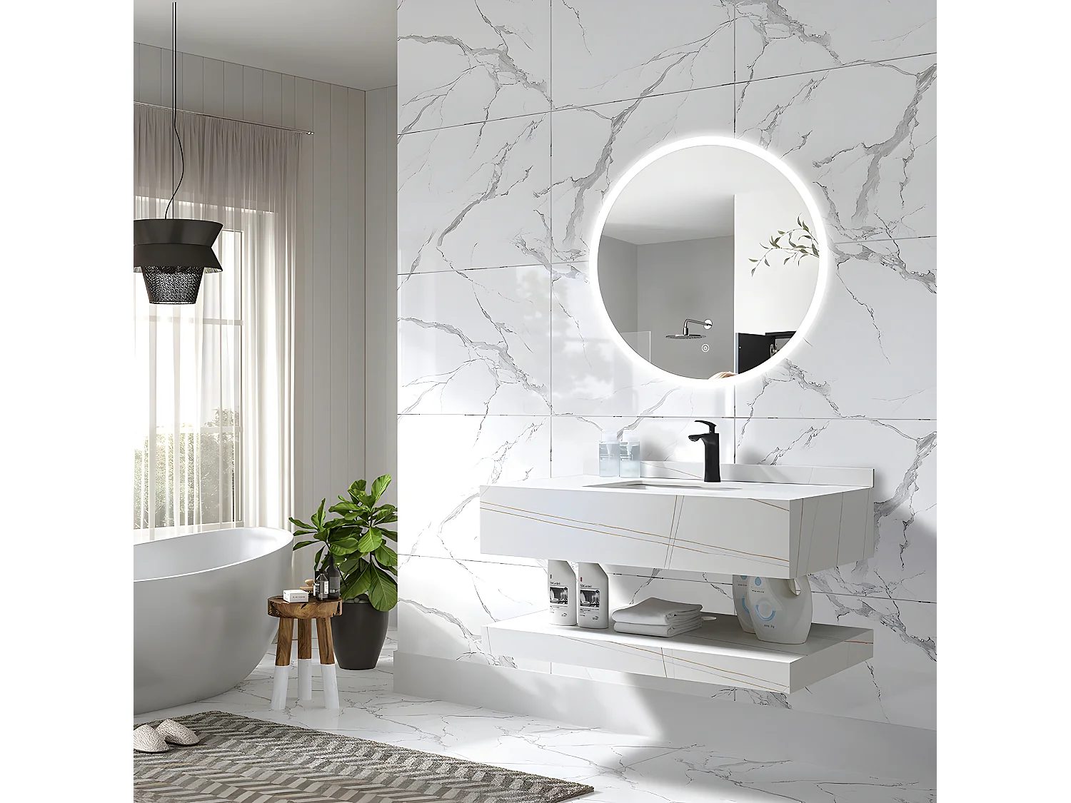 LuxuryBain - Meuble de salle de bain simple vasque 100cm effet marbre blanc et doré avec miroir led