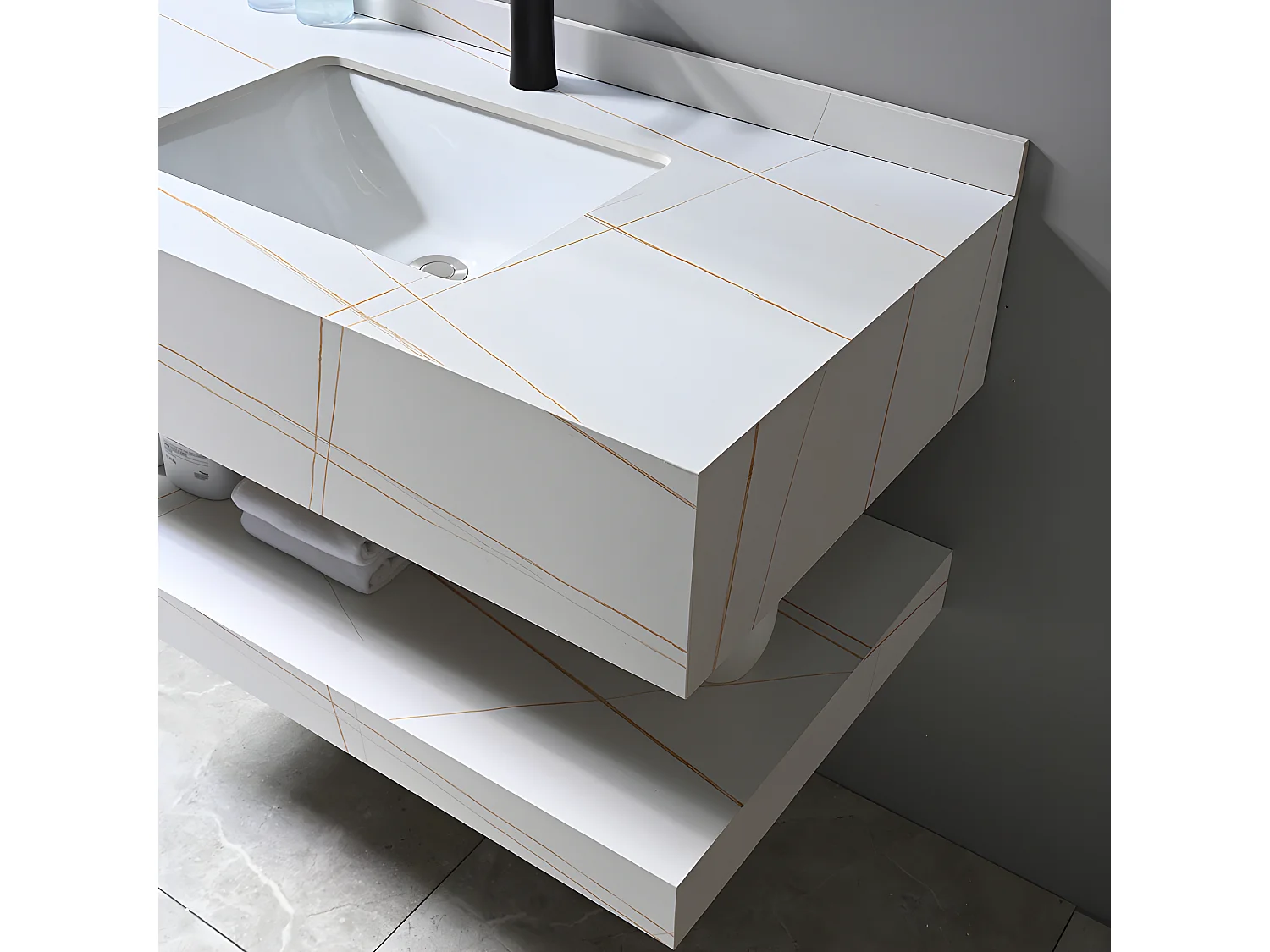 LuxuryBain - Meuble de salle de bain simple vasque 100cm effet marbre blanc et doré avec miroir led