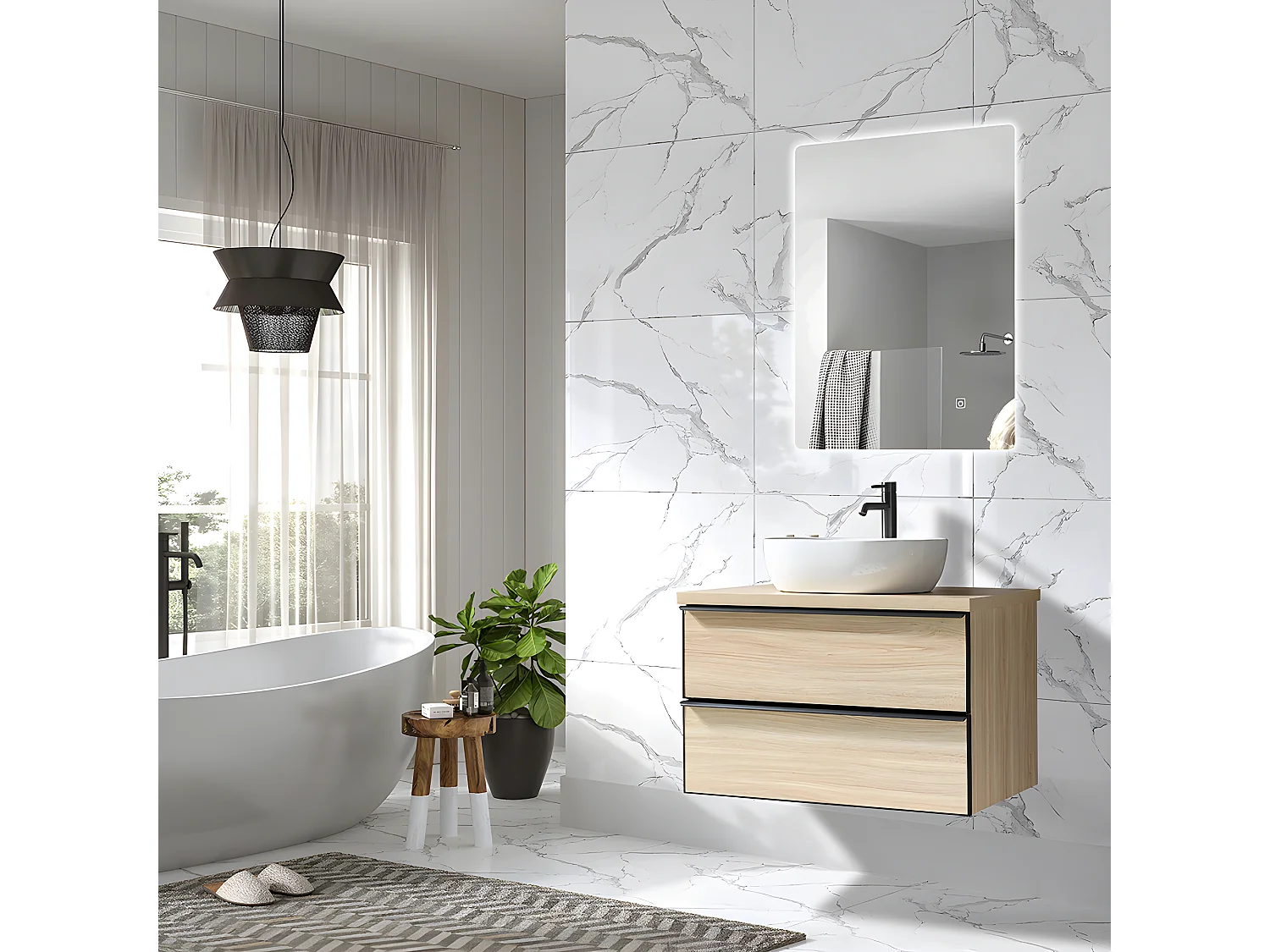 LuxuryBain - Meuble de salle de bain simple vasque 80cm chêne clair avec miroir led